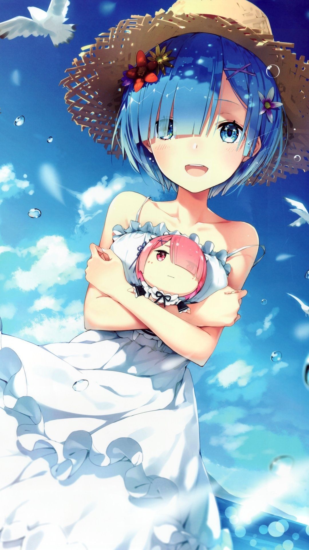 Rem in white sundress, Ram plush doll, Woven straw sun hat, Full HD Phone wallpaper