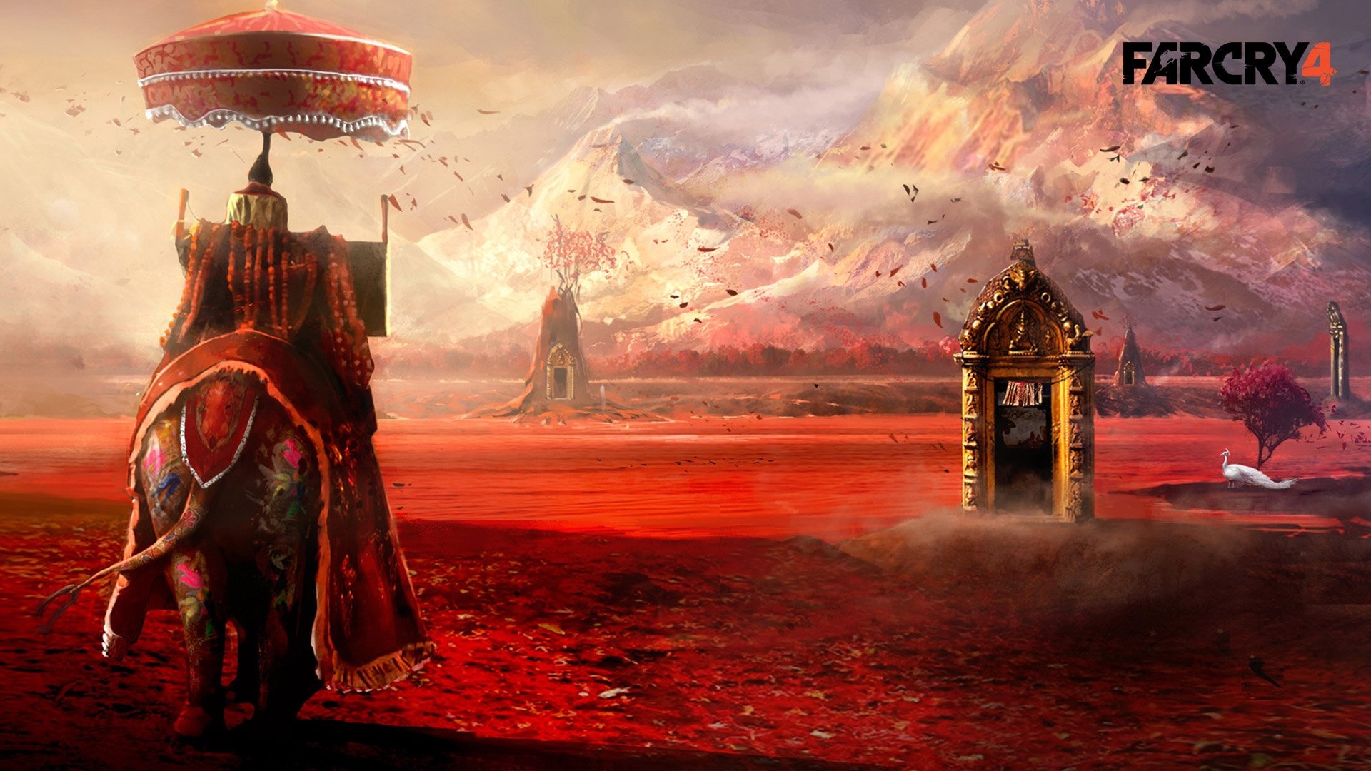 Far Cry 4 logo, Shangri-La realm, Ceremonial elephant with parasol, Golden Shangri-La shrine, Full HD Desktop wallpaper