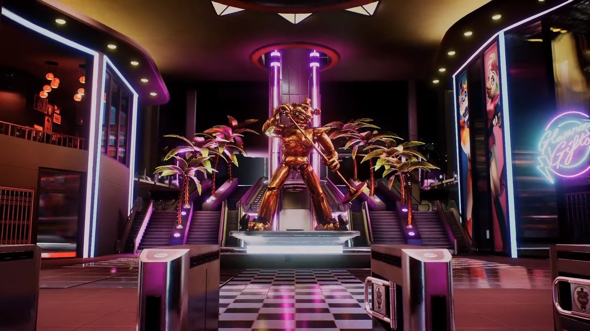 Golden Glamrock Freddy statue, Freddy Fazbear's Mega Pizzaplex lobby, Neon palm tree decorations, Full HD Desktop wallpaper