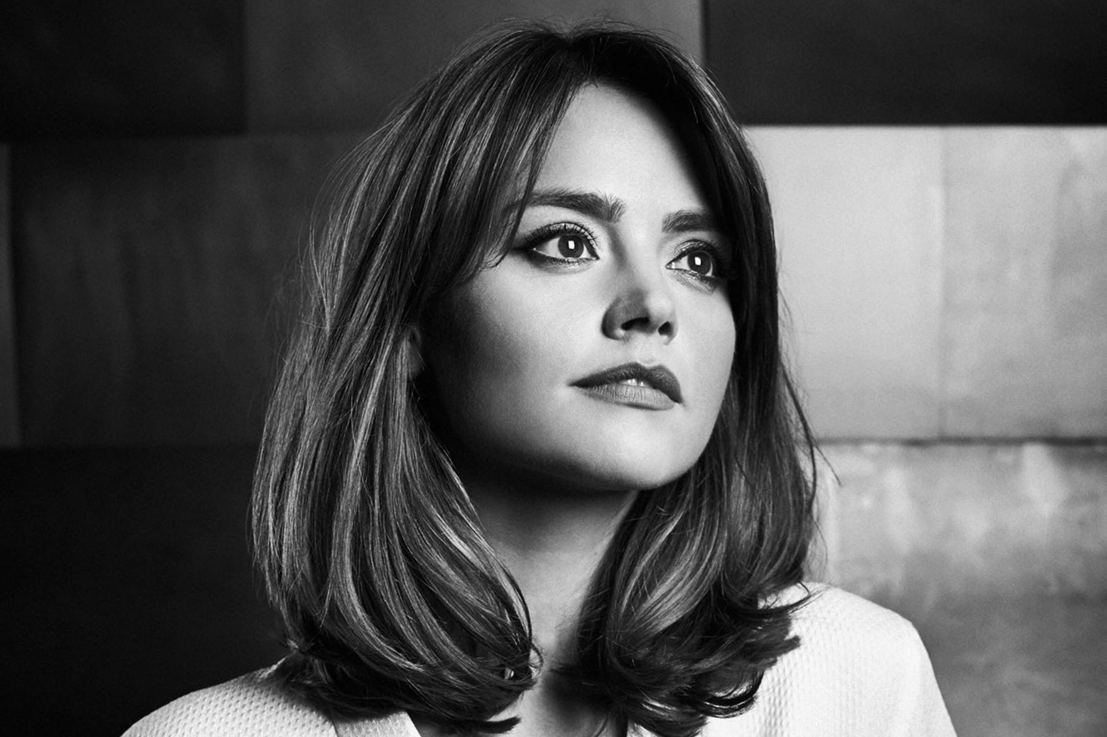 Jenna Coleman, Captivating beauty, Fashion hair, Monochrome photography, 2200x1470 HD Desktop