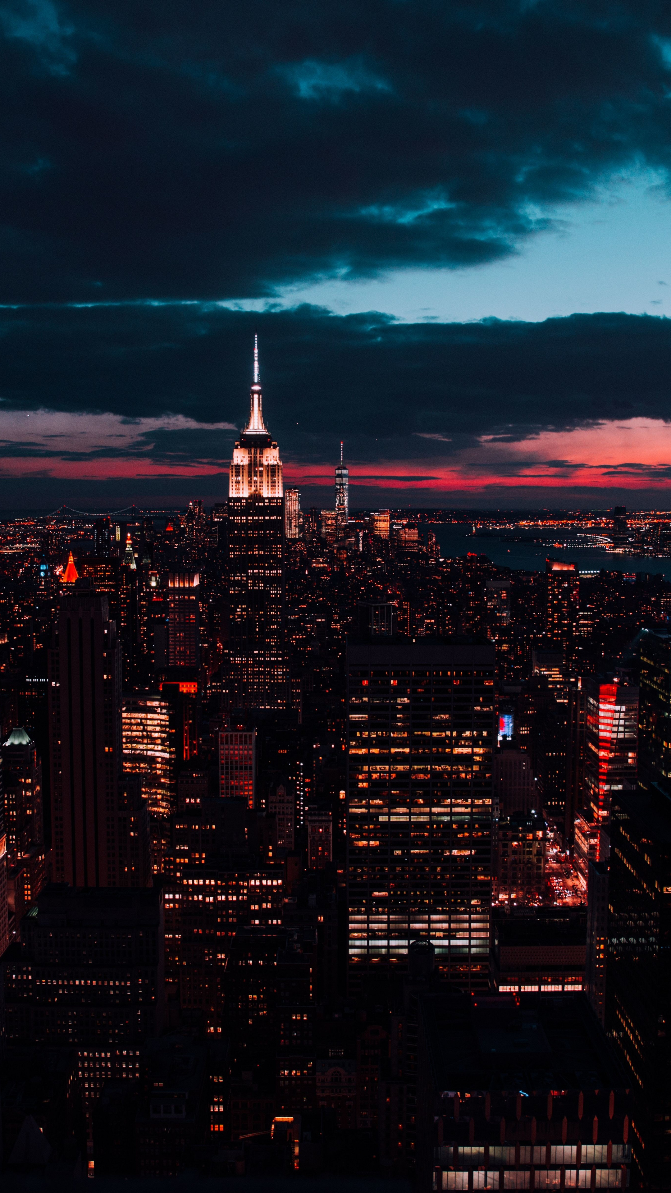 Empire State Building, One World Trade Center, Manhattan night skyline, 4K Phone wallpaper