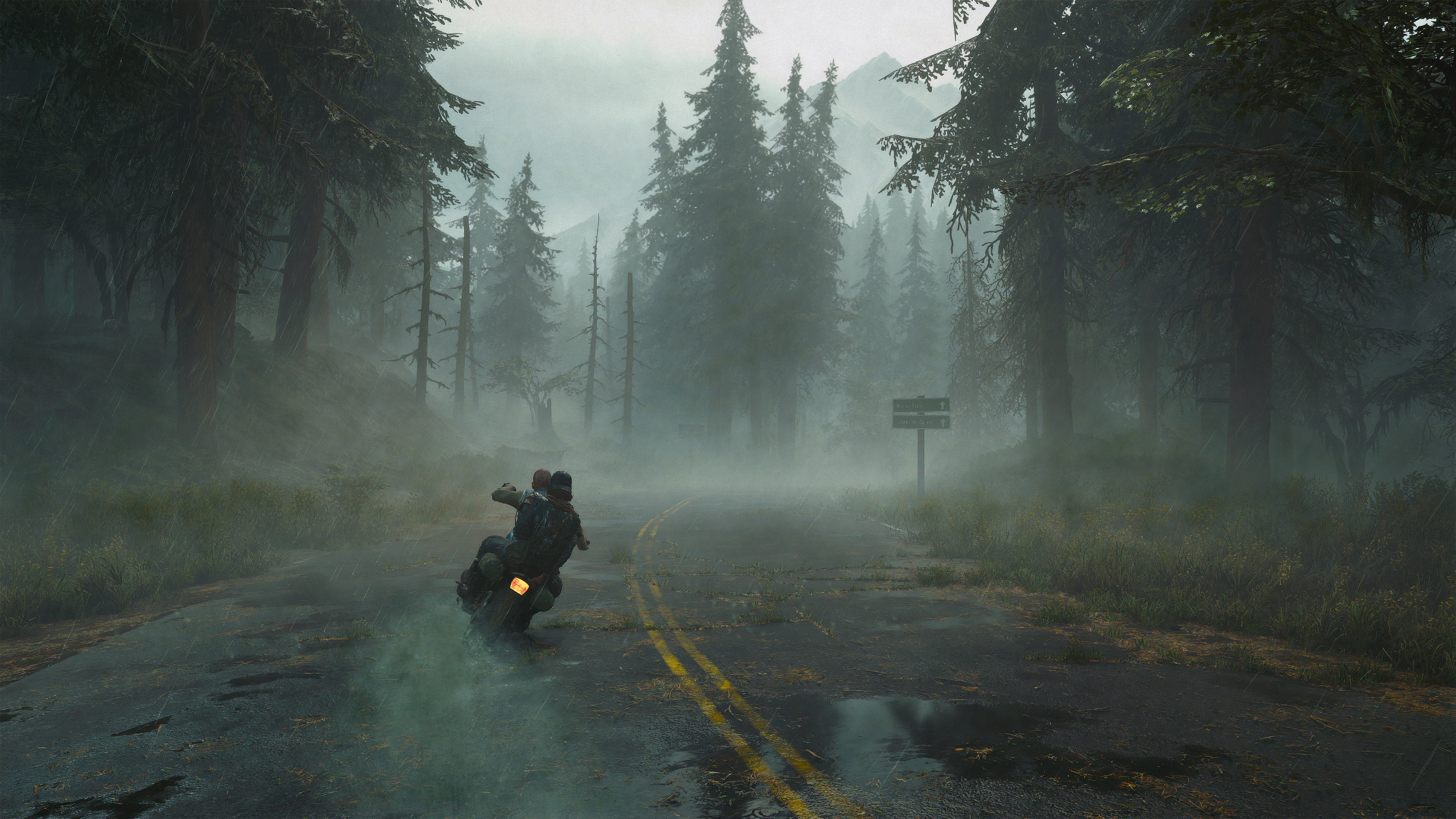 Deacon St. John, drifter motorcycle, foggy pine forest road, 4K Desktop wallpaper