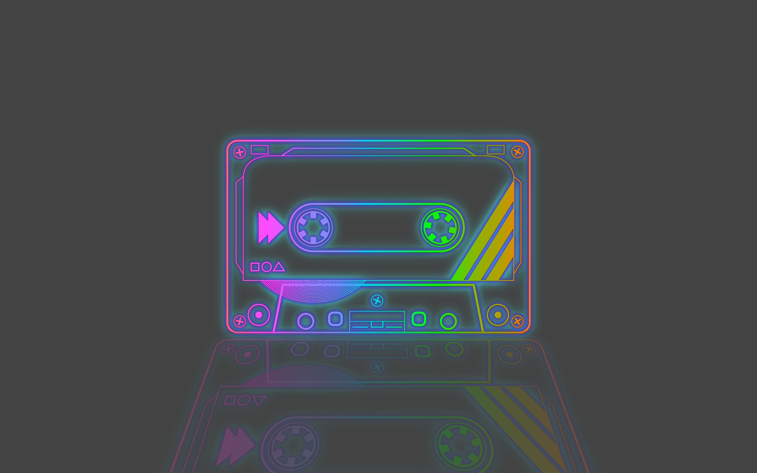 Neon outline cassette tape, Cassette tape reflection, Minimalist gray background, HD Desktop wallpaper