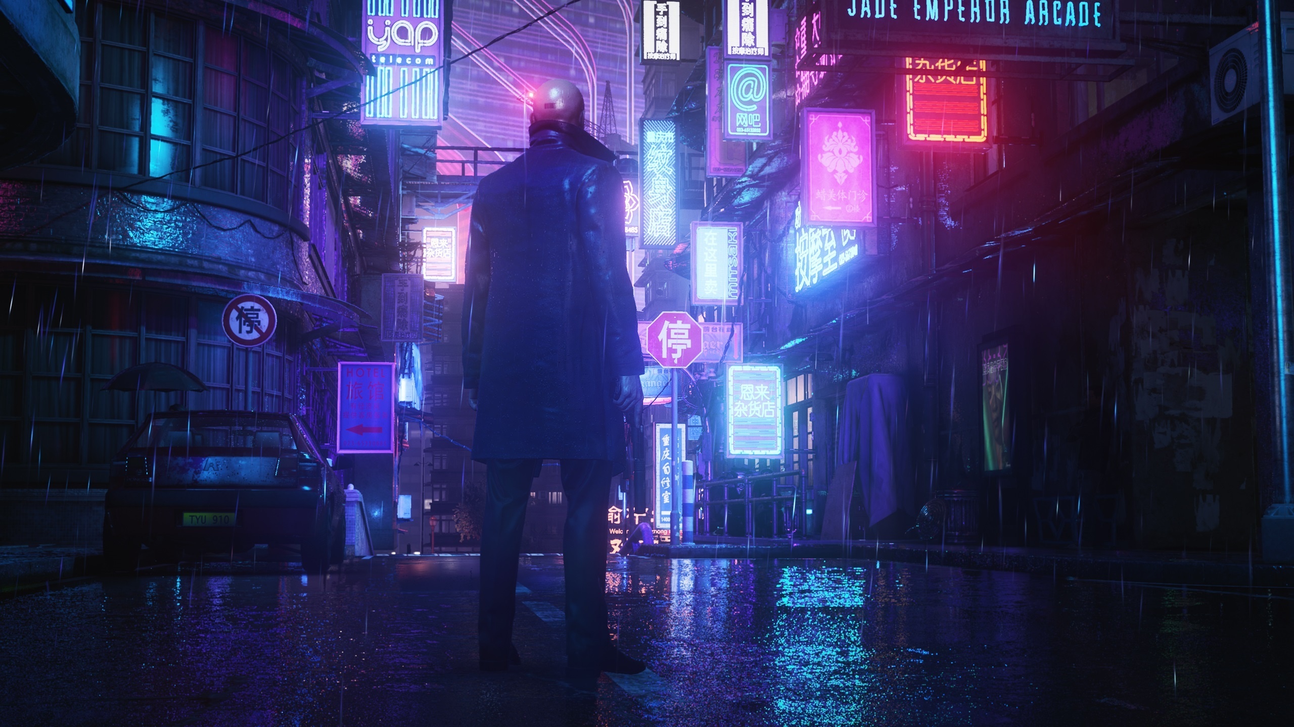 Agent 47, Hitman 3 Chongqing street, Rainy neon-lit alley, HD Desktop wallpaper