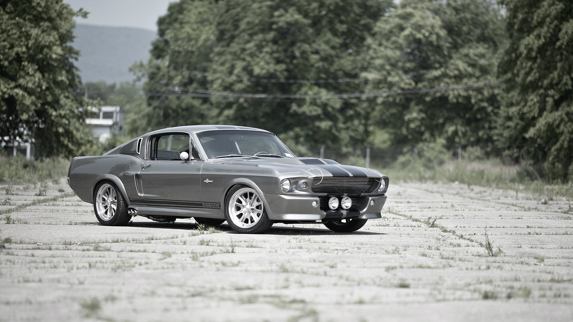 1967 Ford Mustang Shelby GT500 Eleanor, Cracked concrete tarmac, Lush tree line, Full HD Desktop wallpaper