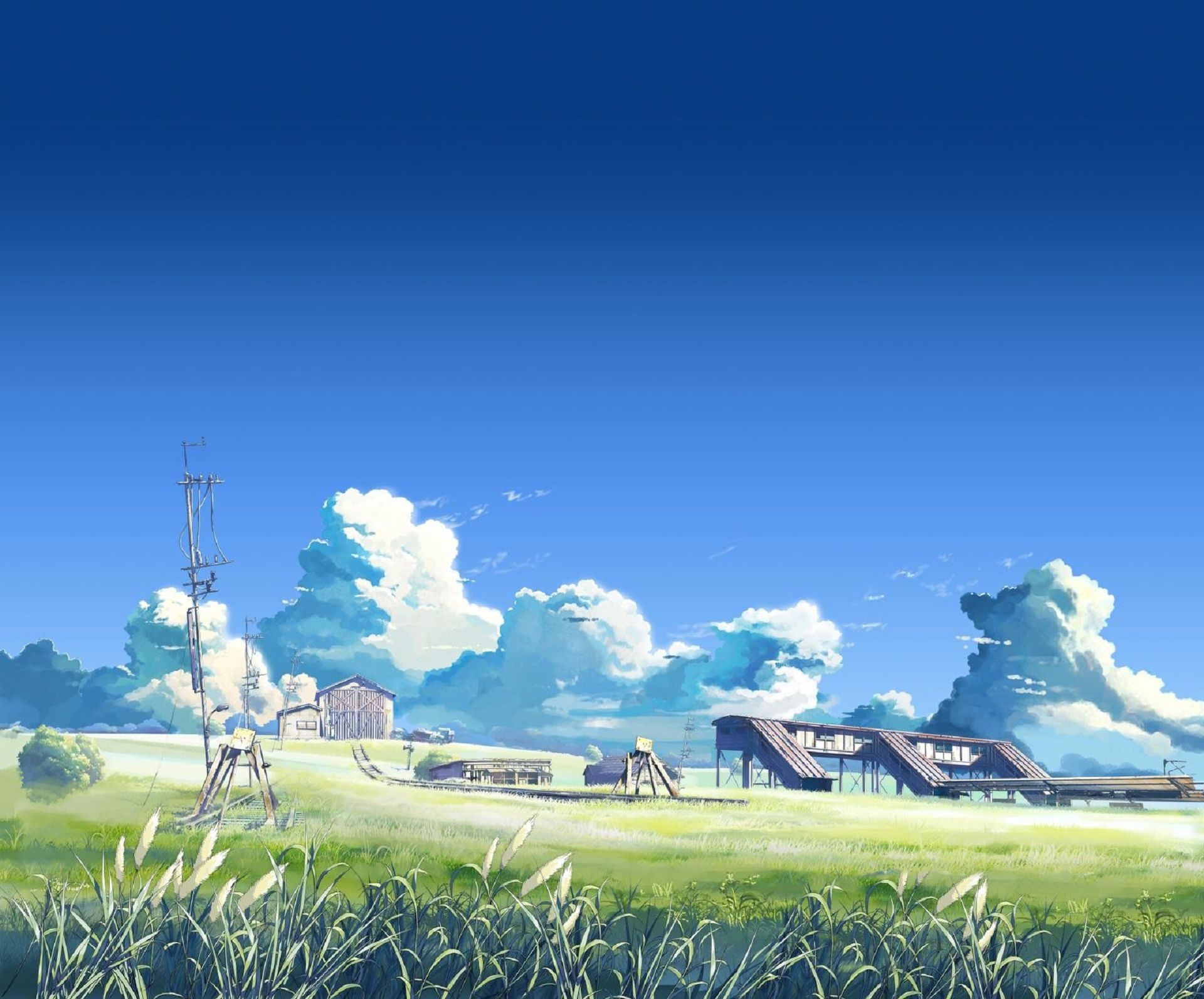 rural anime train station, tall cumulus clouds, grassy summer meadow, HD Desktop wallpaper