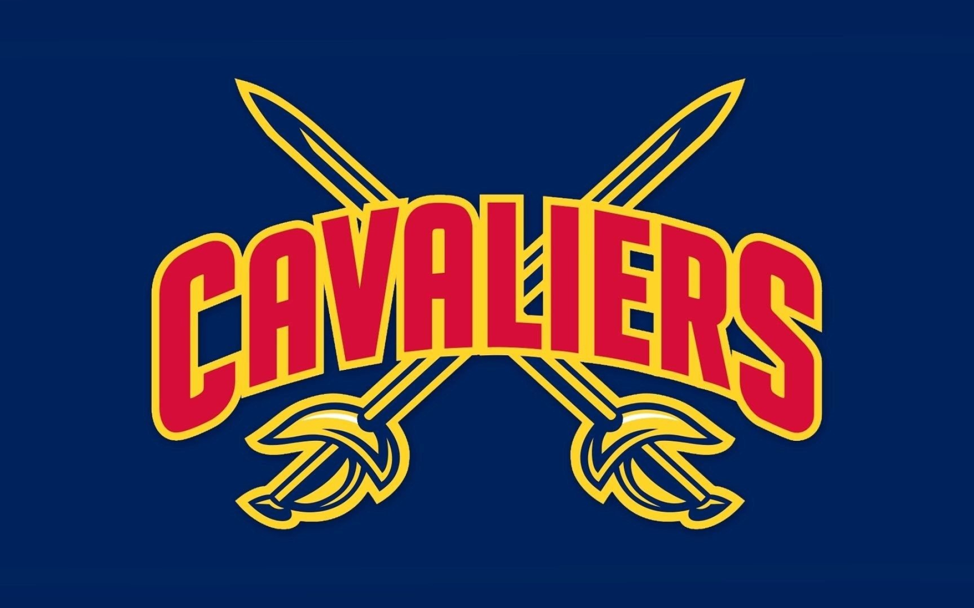 Cleveland Cavaliers wordmark logo, Crossed gold swords emblem, Navy backdrop with NBA branding, HD Desktop wallpaper