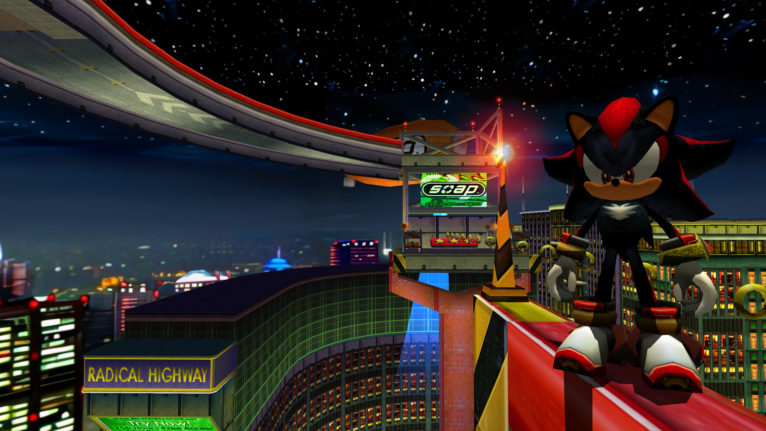 Shadow the Hedgehog, Radical Highway sign, Soap Shoes billboard, HD Desktop wallpaper