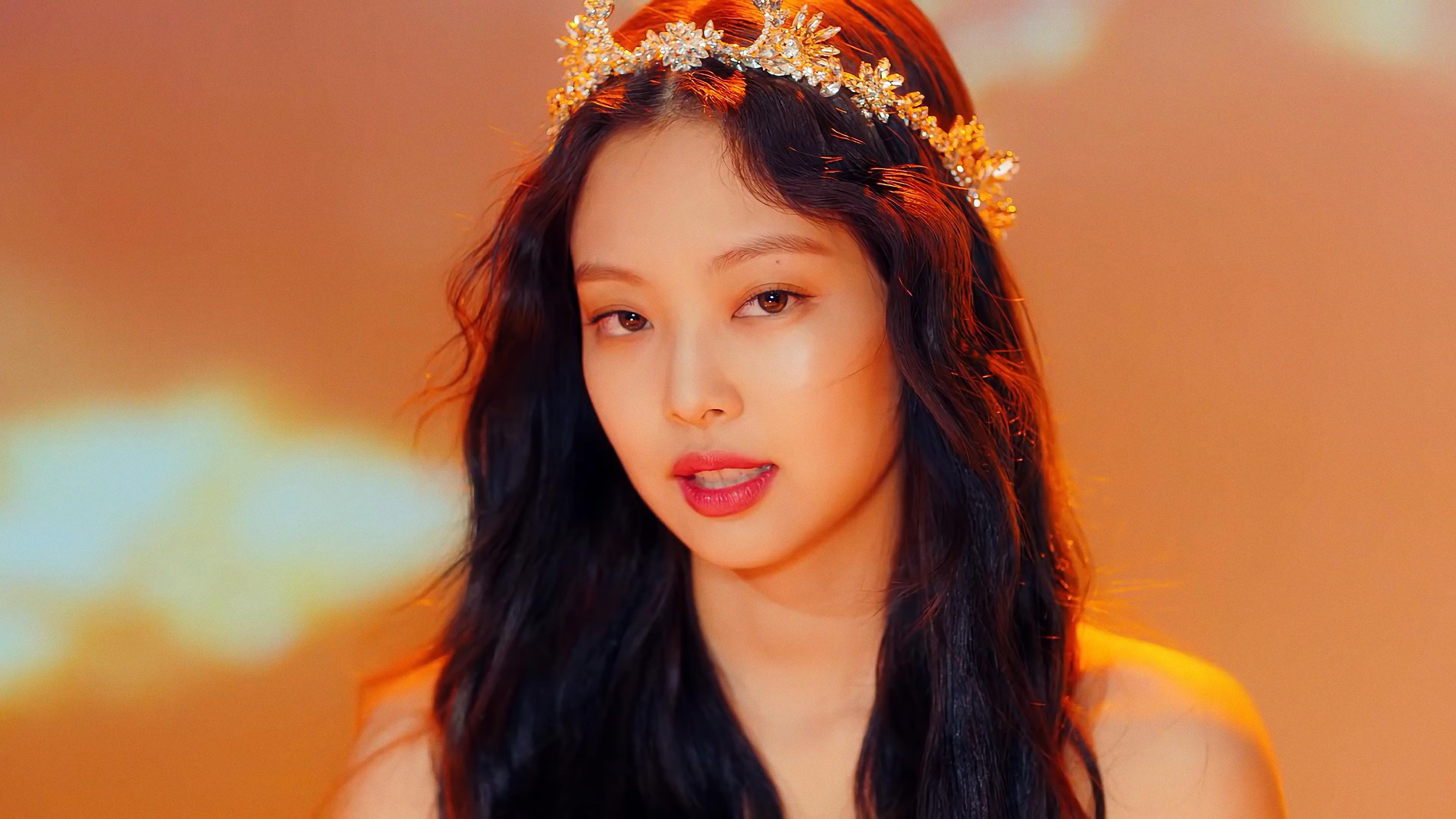Jennie Kim, crystal floral crown, warm orange lighting, 4K Desktop wallpaper