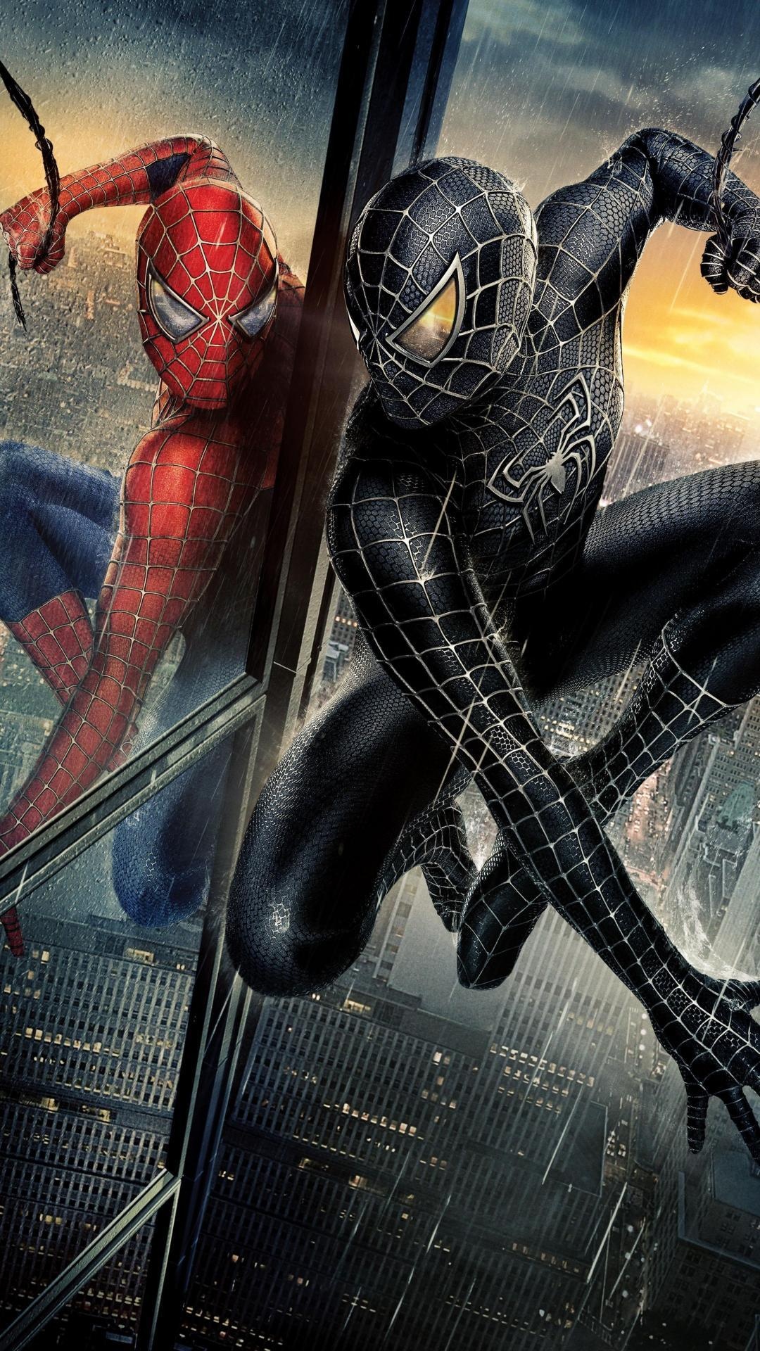 Black Suit Spider-Man, Classic Spider-Man reflection, New York City skyscrapers, Full HD Phone wallpaper