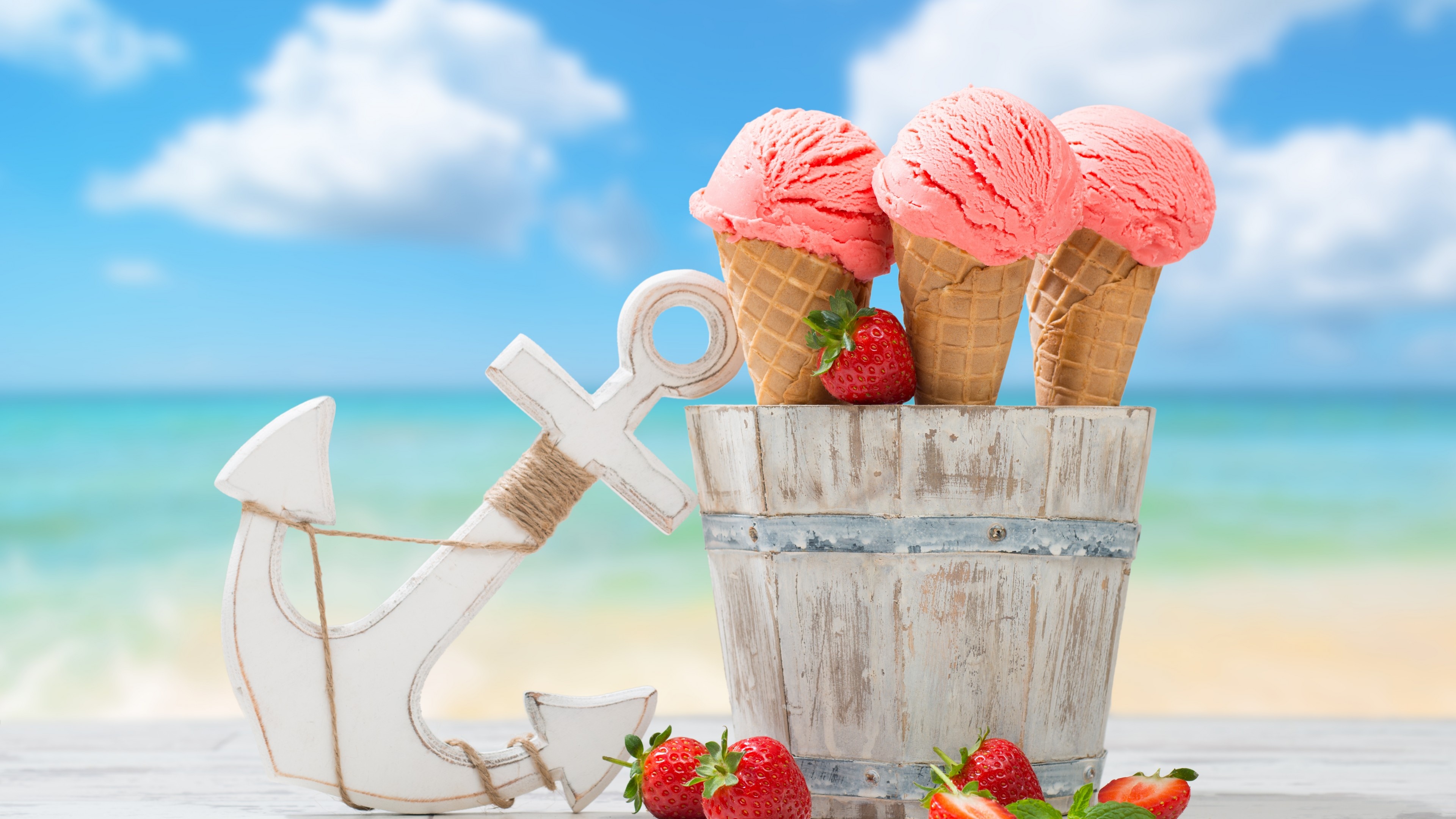 Strawberries, Ice Cream Cone Wallpaper, 3840x2160 4K Desktop