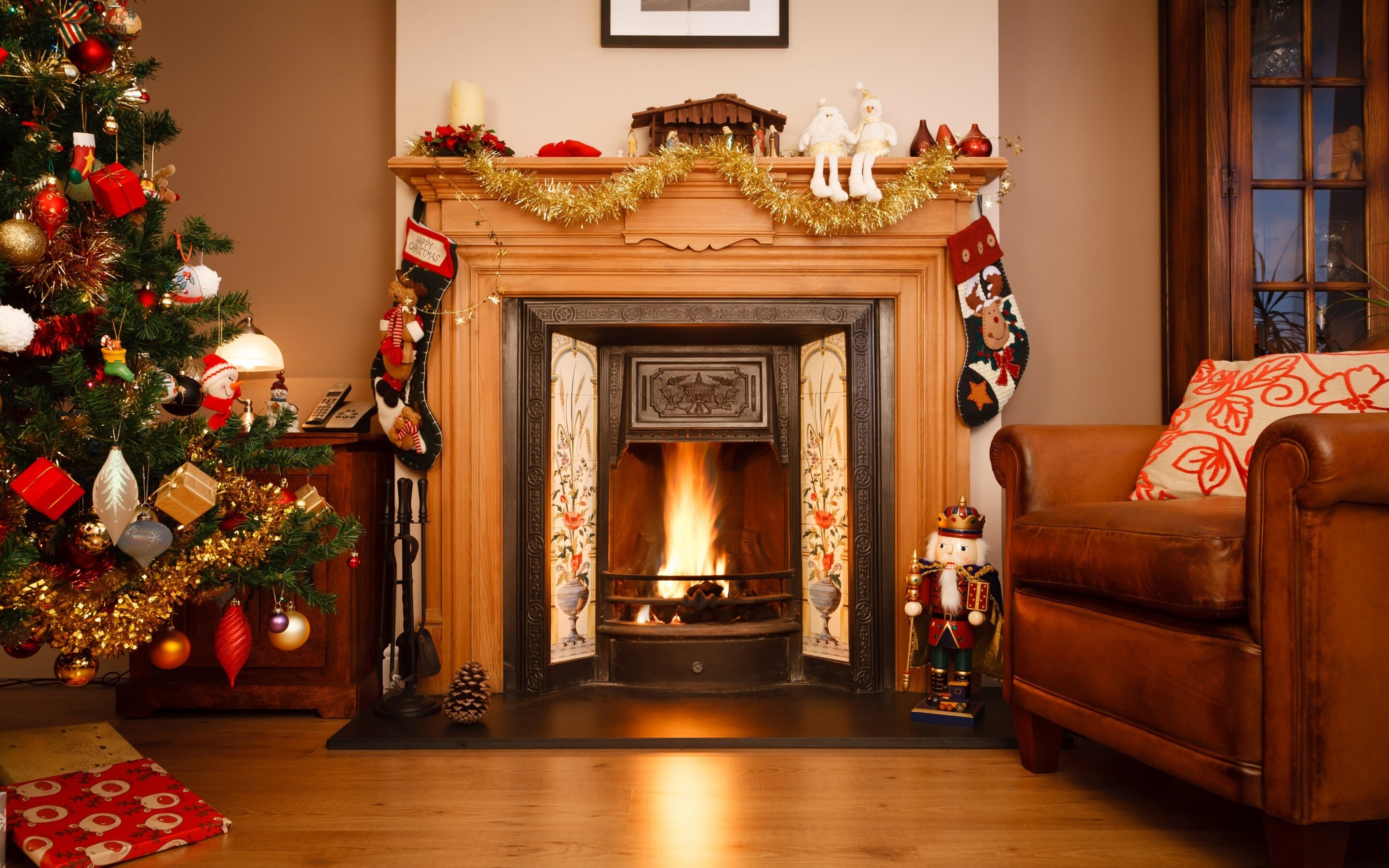 Christmas Fireplace, Holiday cheer, Festive ornaments, Warm fire, 2880x1800 HD Desktop