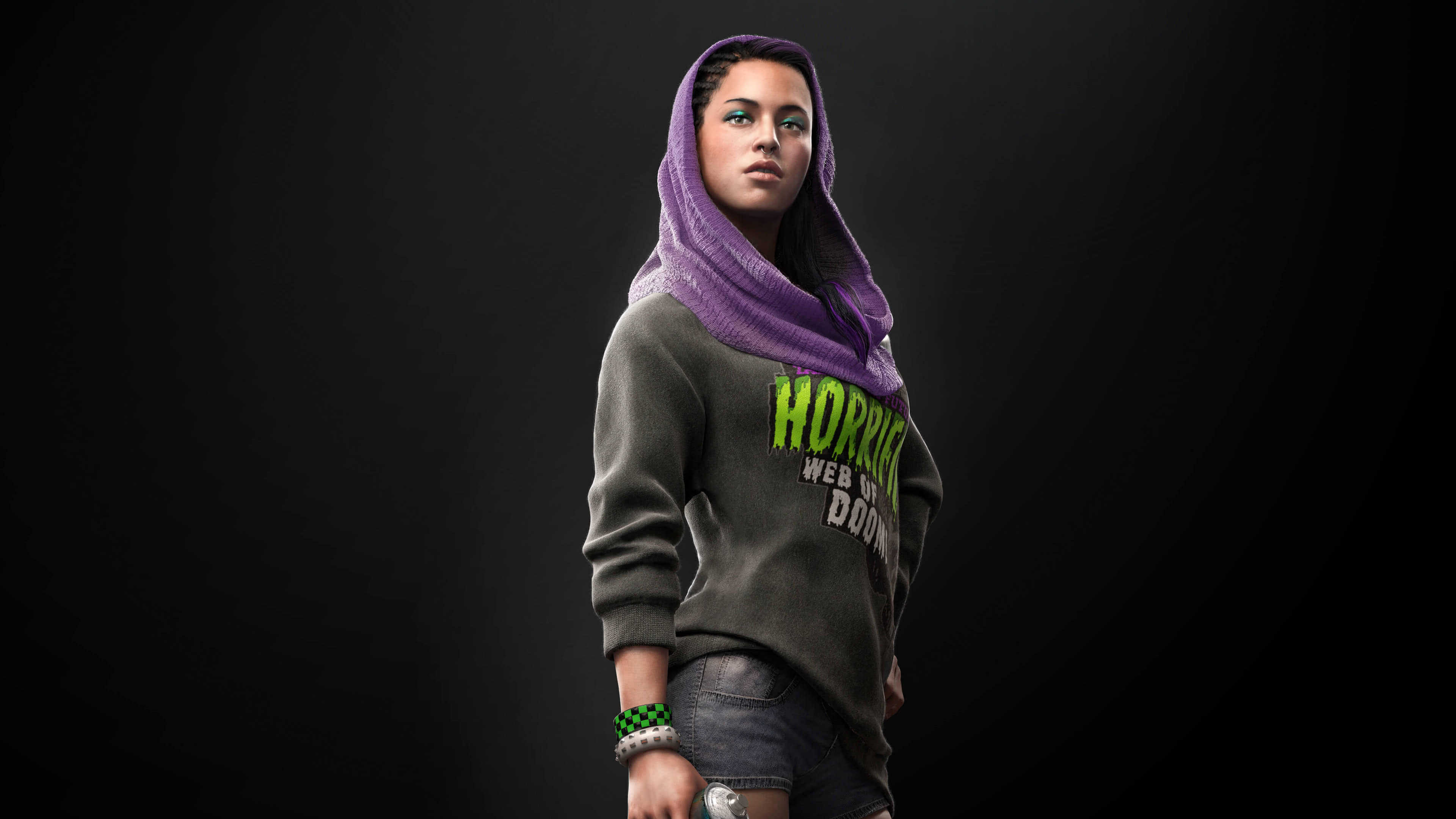 Sitara Dhawan, purple cowl hood, spray paint can, 4K Desktop wallpaper