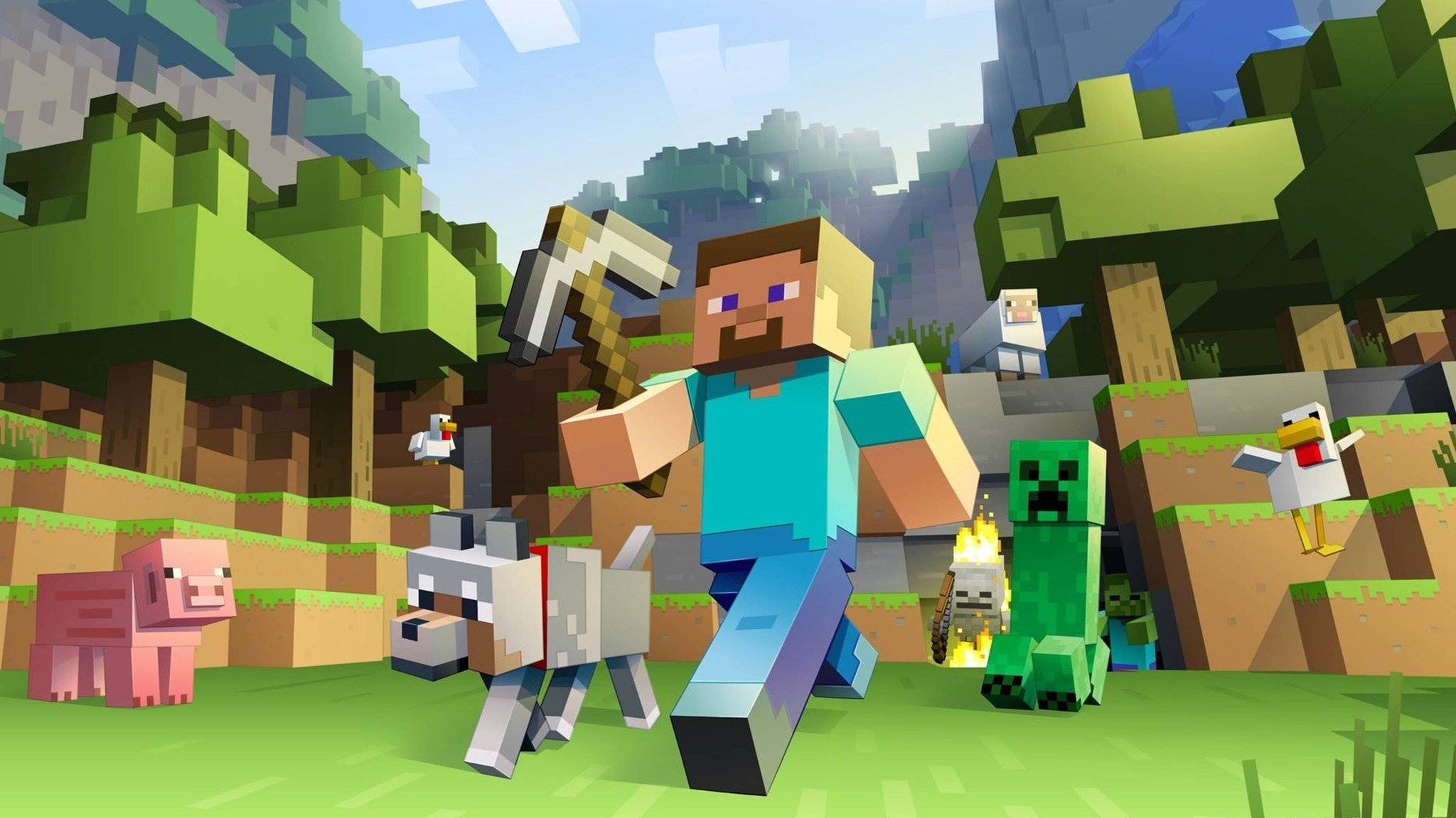 Steve with iron pickaxe, Minecraft Creeper, Tamed Minecraft wolf, Blocky forest biome, HD Desktop wallpaper