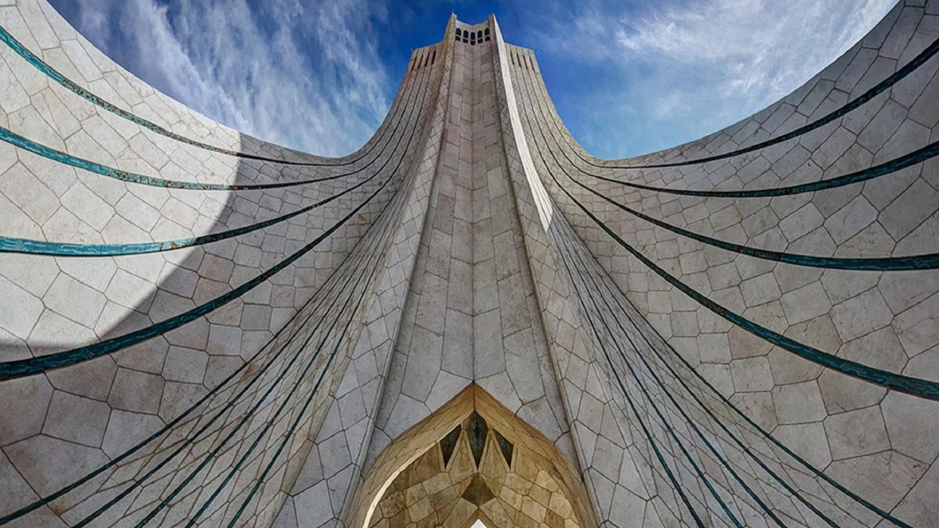Azadi Tower, geometric marble facade, low-angle upward perspective, Full HD Desktop wallpaper