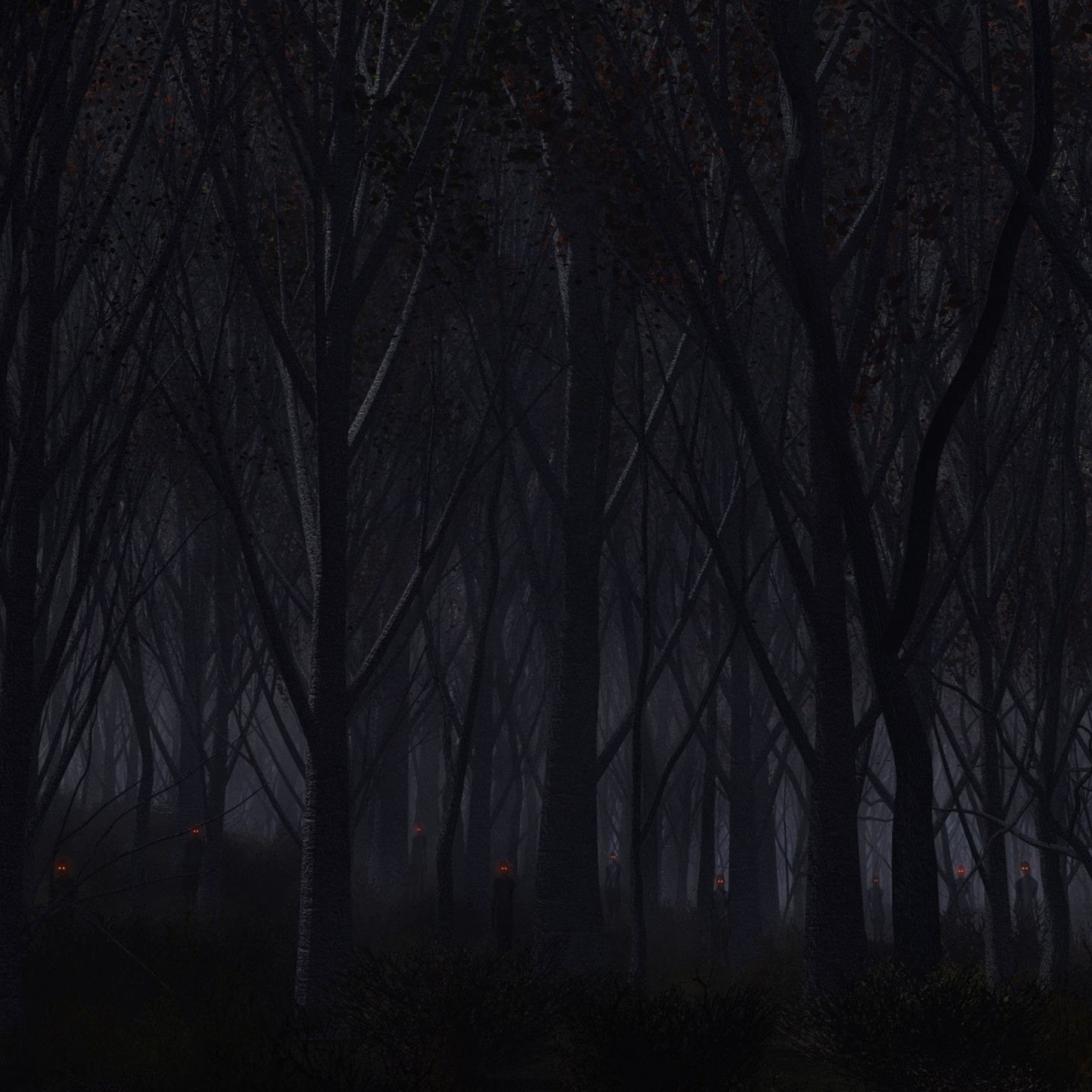 glowing red eyes figures, dense dark bare trees, eerie misty night woods, HD Phone wallpaper