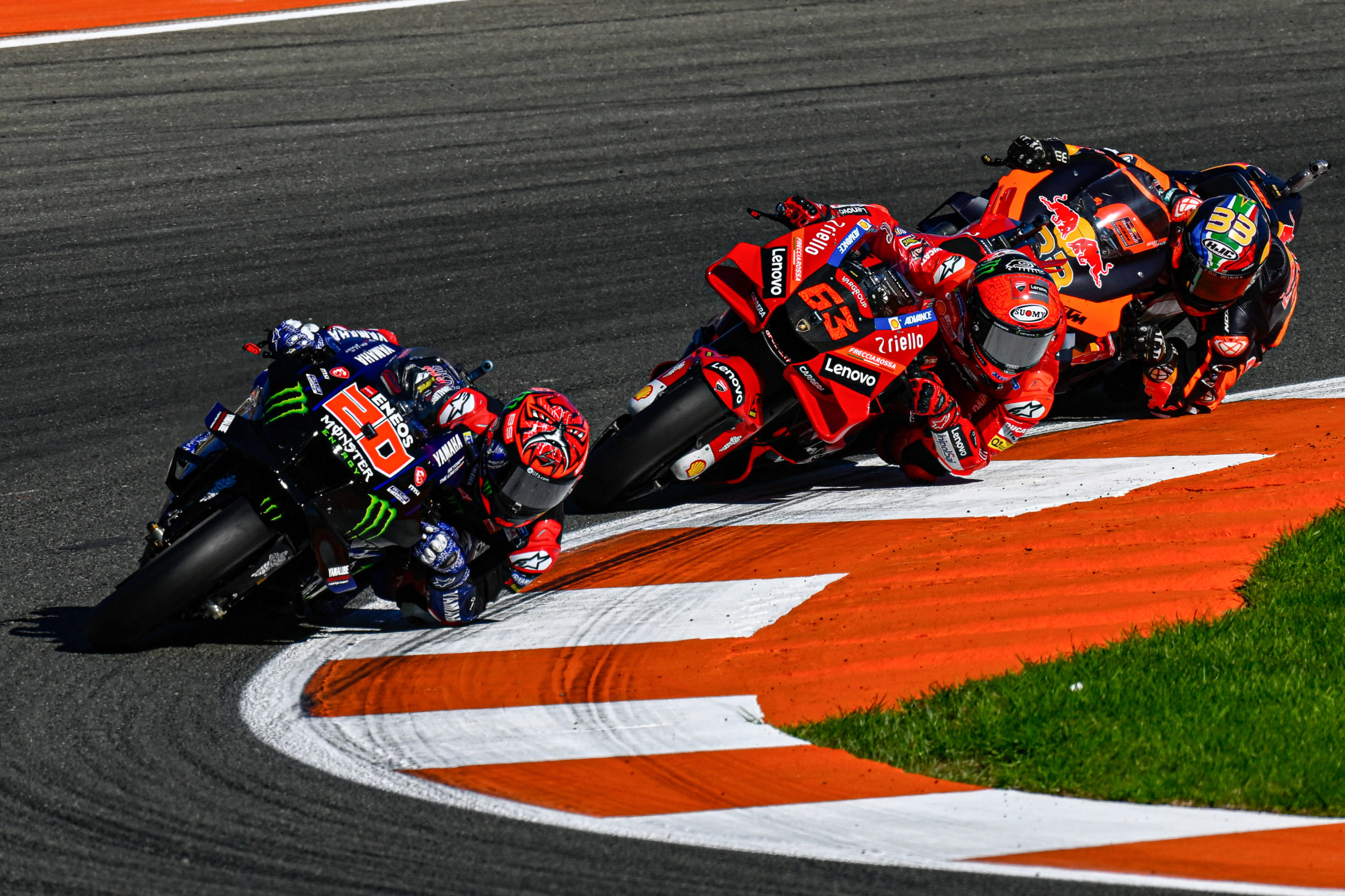 Fabio Quartararo number 20, Francesco Bagnaia number 63, Miguel Oliveira number 88, Red Bull KTM RC16, MotoGP battle over kerb, HD Desktop wallpaper