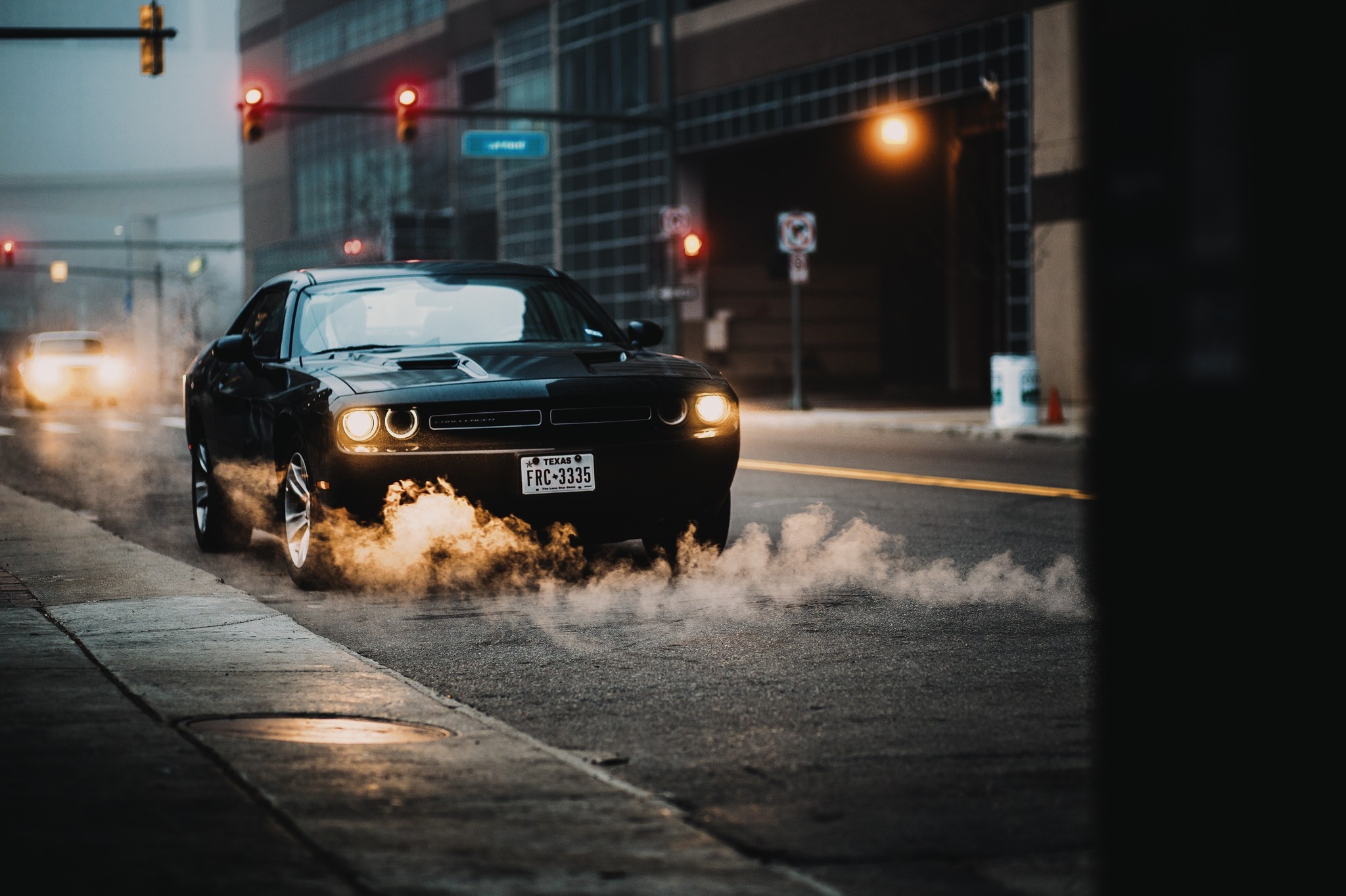 black Dodge Challenger, Texas plate FRC 3335, urban street burnout, HD Desktop wallpaper