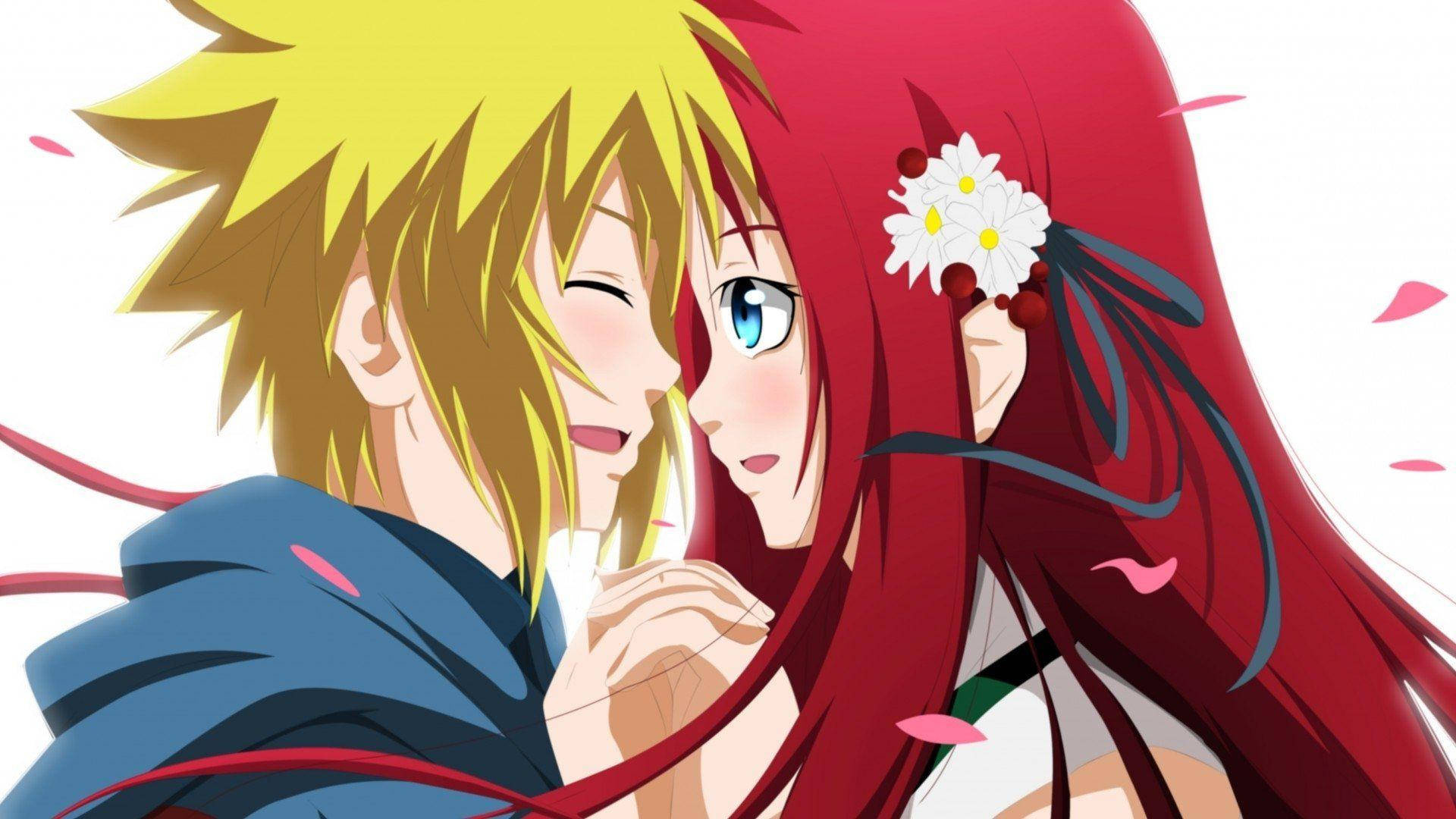 Minato Namikaze, Kushina Uzumaki, falling pink petals, Full HD Desktop wallpaper