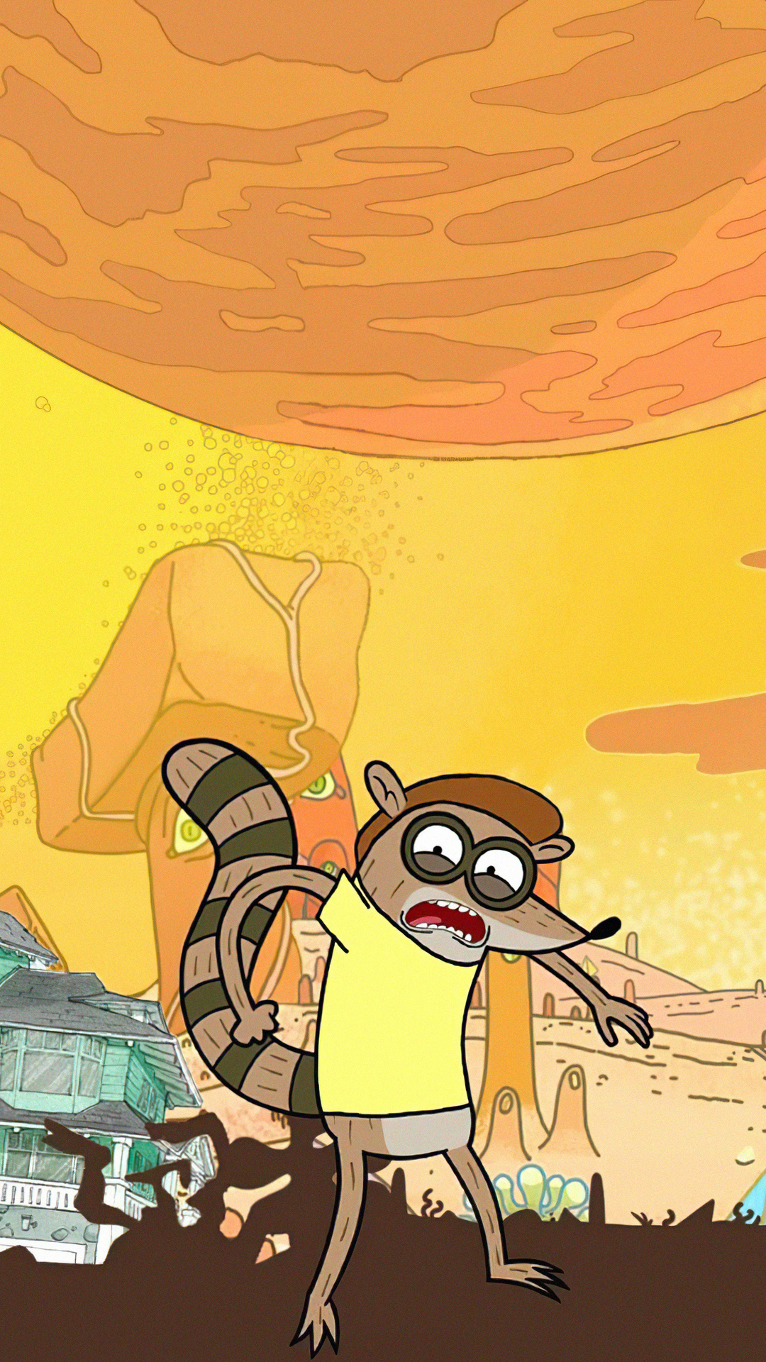 Rigby in yellow shirt, Burning orange apocalyptic sky, Wrecked park house, Regular Show, Full HD Phone wallpaper