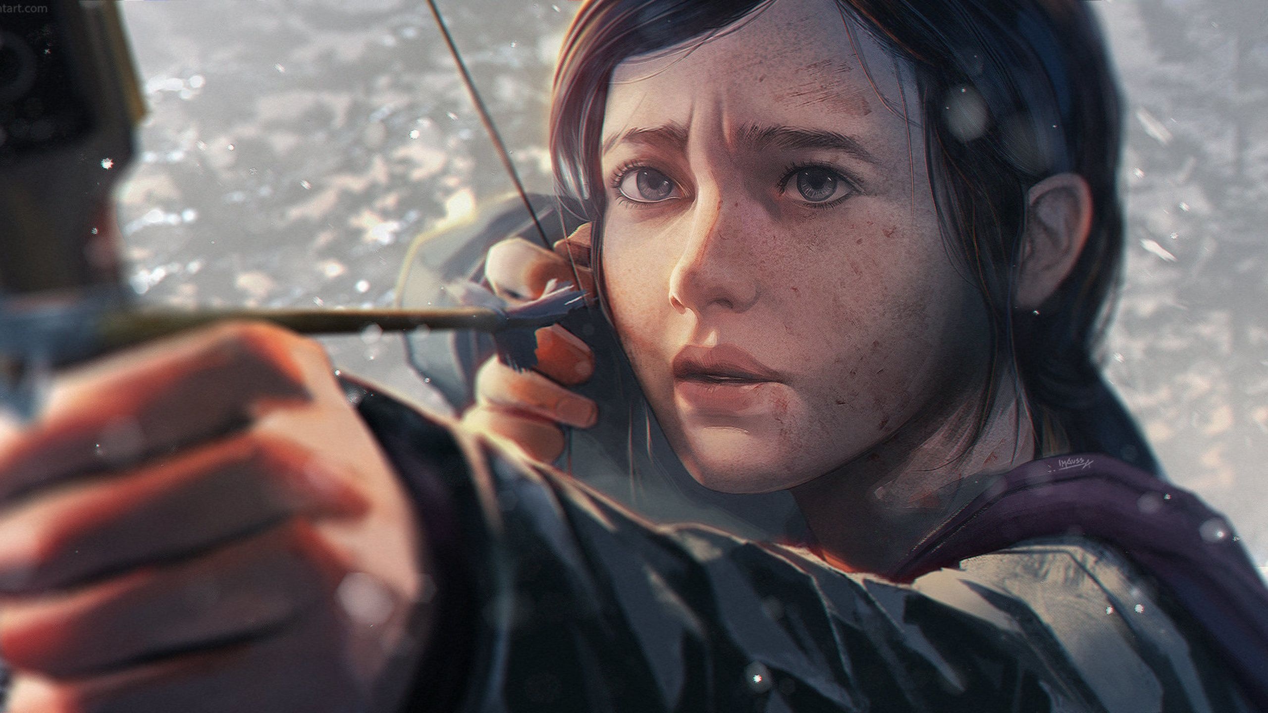 Ellie Williams, hunting bow and arrow, falling snow, HD Desktop wallpaper