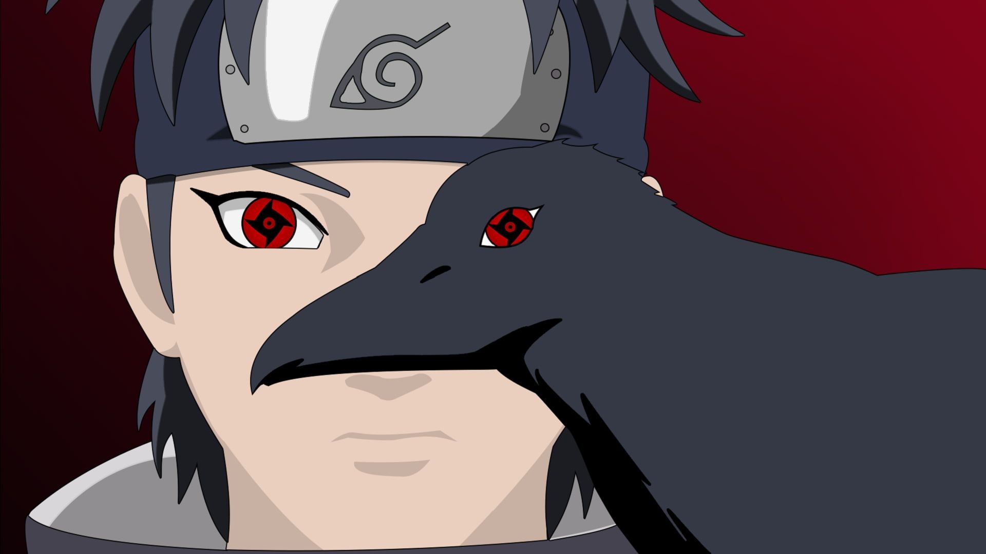 Shisui Uchiha, Crow with Mangekyo Sharingan, Konohagakure forehead protector, Full HD Desktop wallpaper