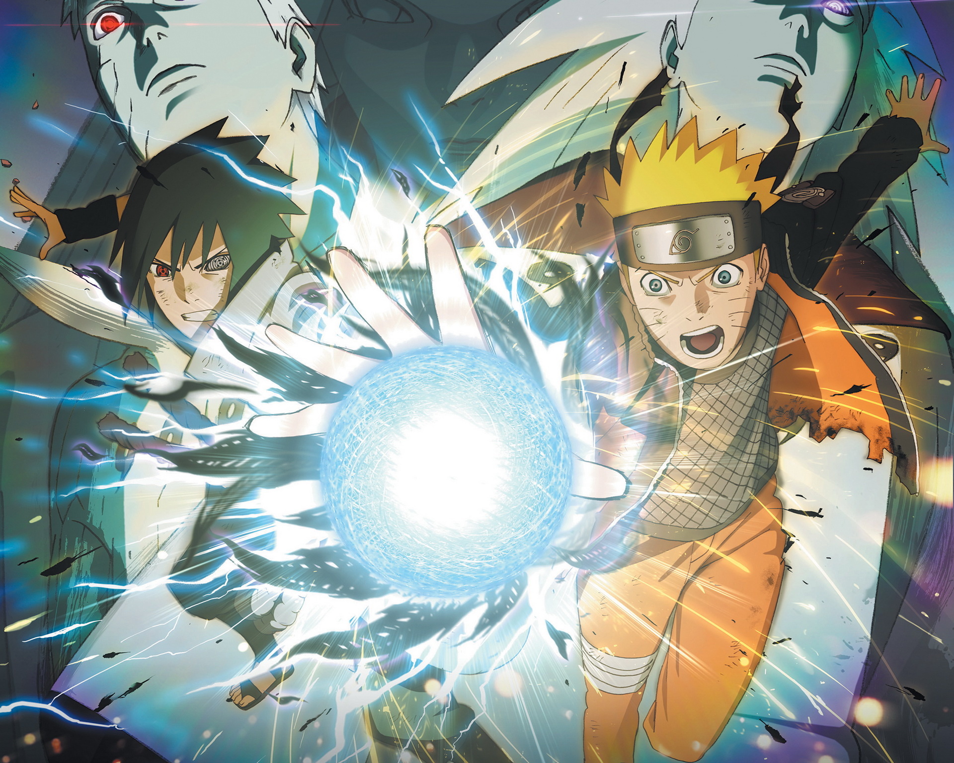 Naruto Uzumaki, Sasuke Uchiha, Glowing Rasengan sphere, Madara Uchiha, Obito Uchiha, HD Desktop wallpaper