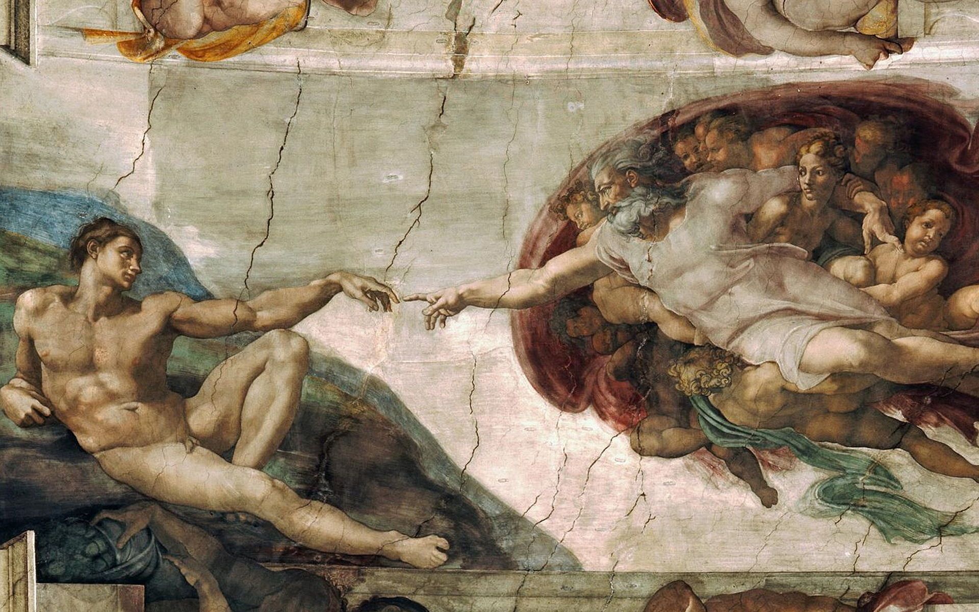 The Creation of Adam, Michelangelo Buonarroti, Sistine Chapel ceiling fresco, Biblical Adam and God, HD Desktop wallpaper
