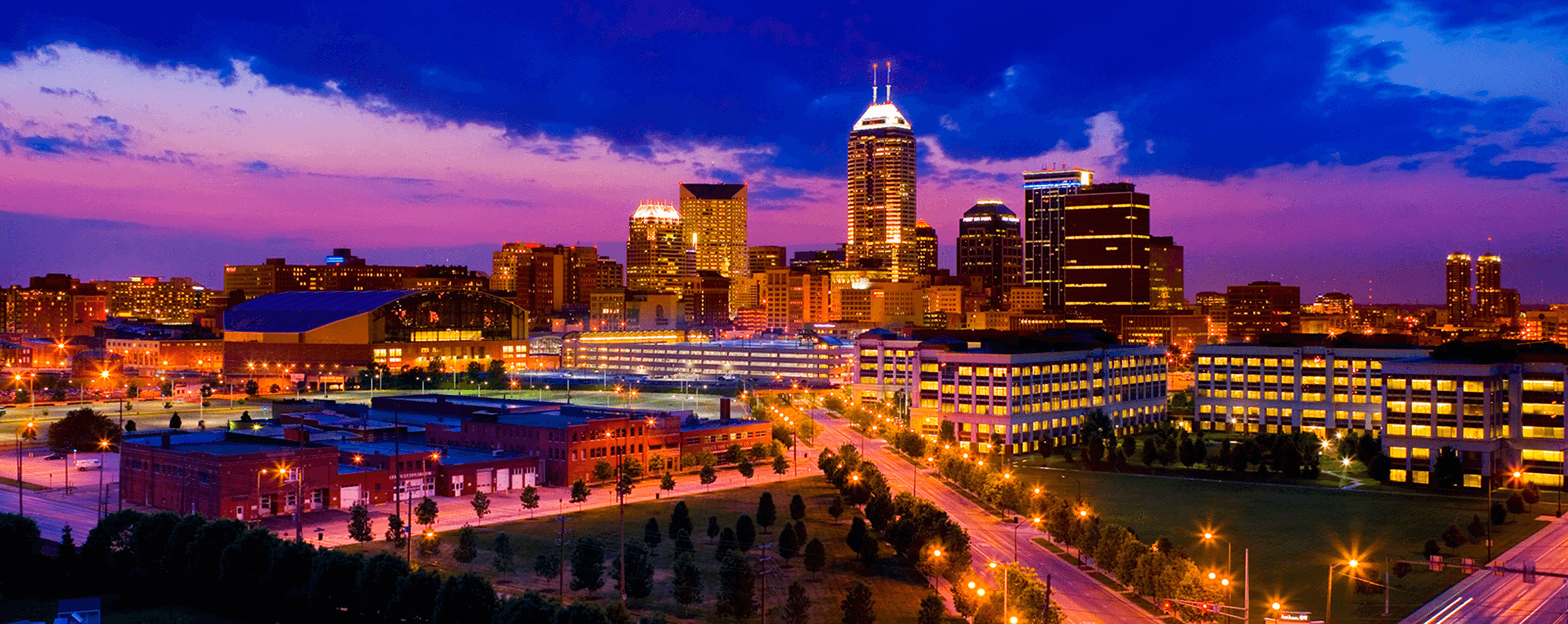 Indianapolis Skyline, Vibrant magenta, Cityscape view, 3200x1280 Dual Screen Desktop