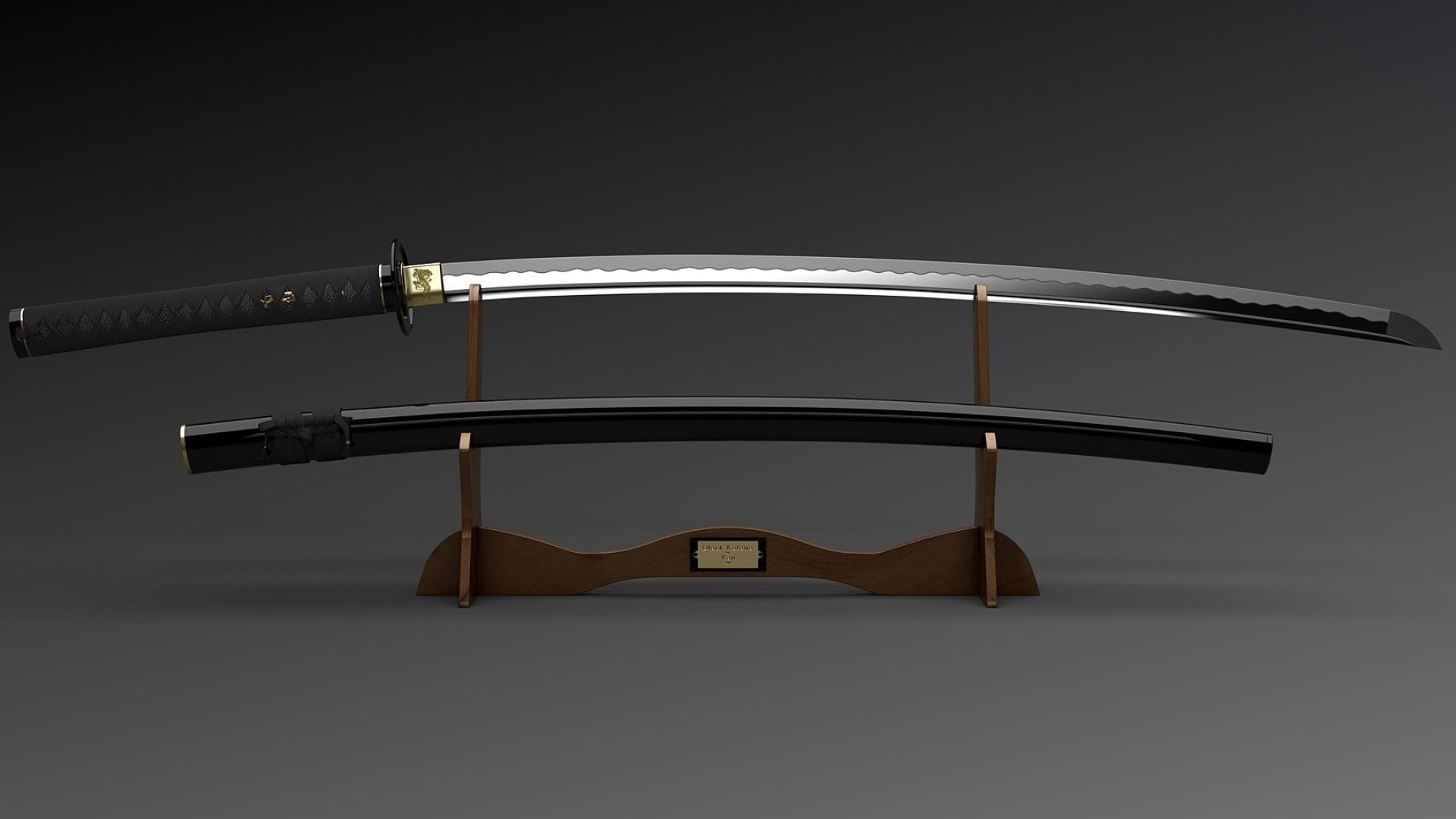 Japanese katana sword, Glossy black saya scabbard, Wooden katanakake stand, Full HD Desktop wallpaper