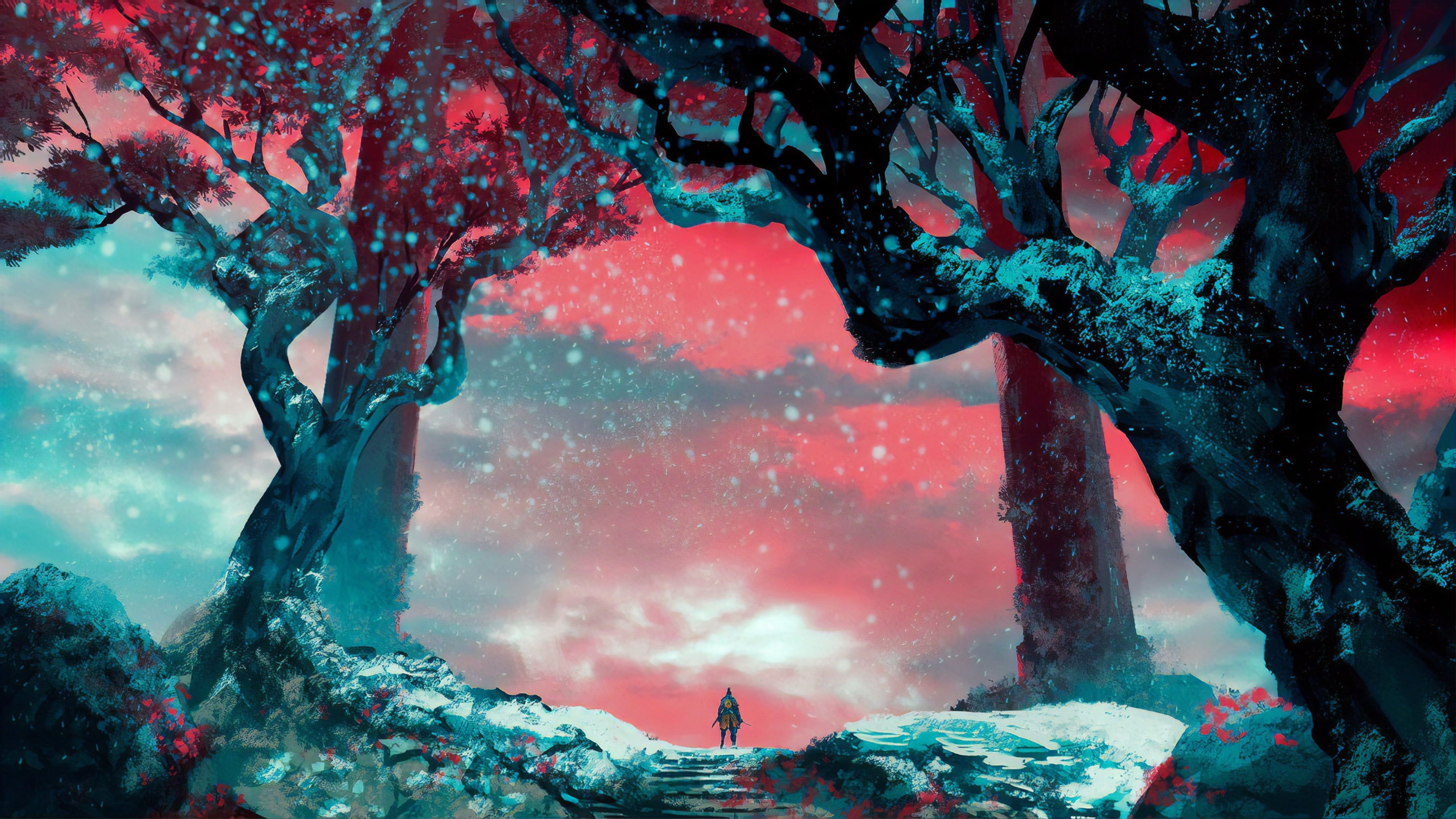 Sekiro (Wolf), snow-covered ancient trees, crimson twilight sky, 4K Desktop wallpaper