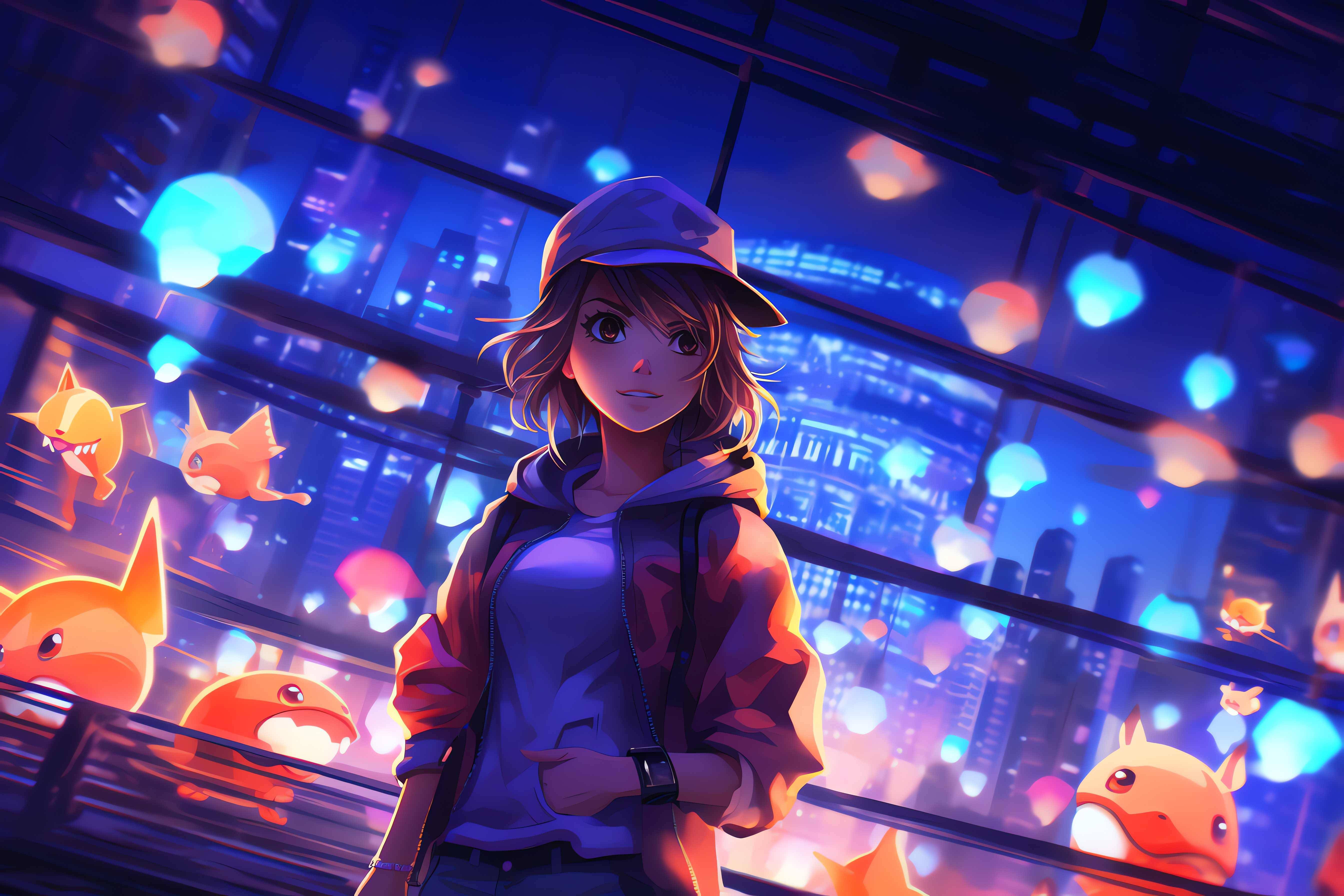 Pokemon, Anime Girl, Pikachu, Dark Background, AI-generated