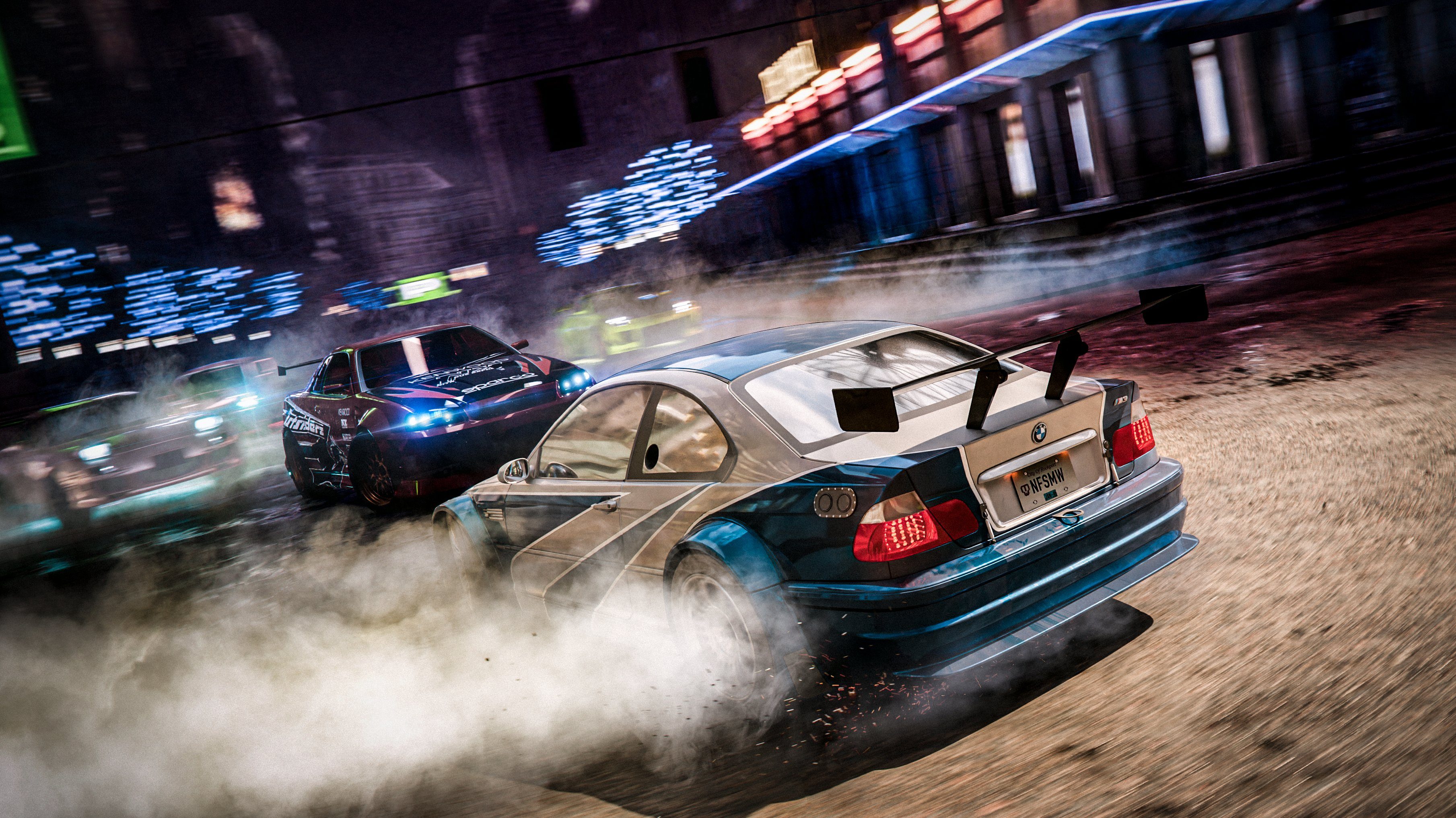 BMW M3 GTR E46, Nissan Skyline GT-R R34, NFSMW license plate, HD Desktop wallpaper