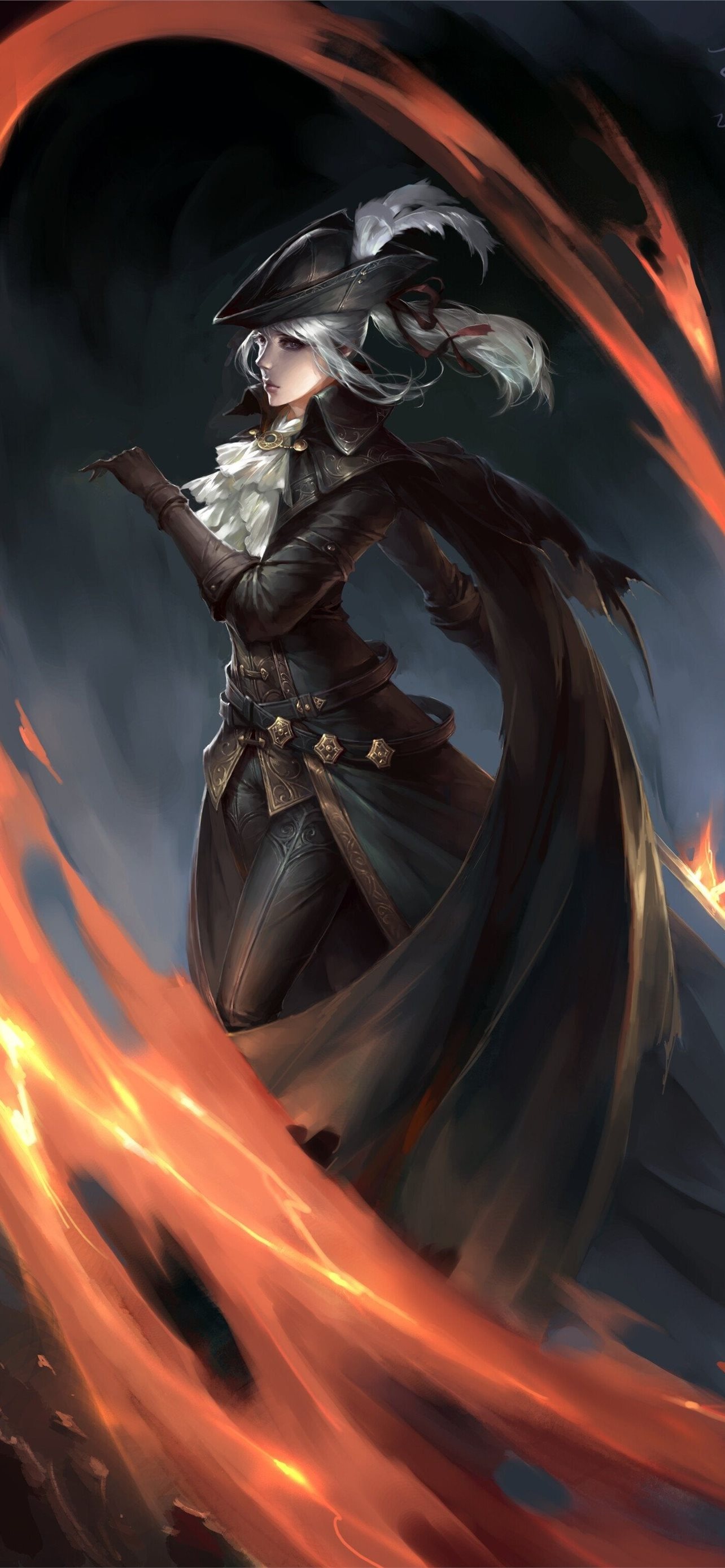 Lady Maria of the Astral Clocktower, feathered hunter tricorne, fiery bloodflame slash, HD Phone wallpaper