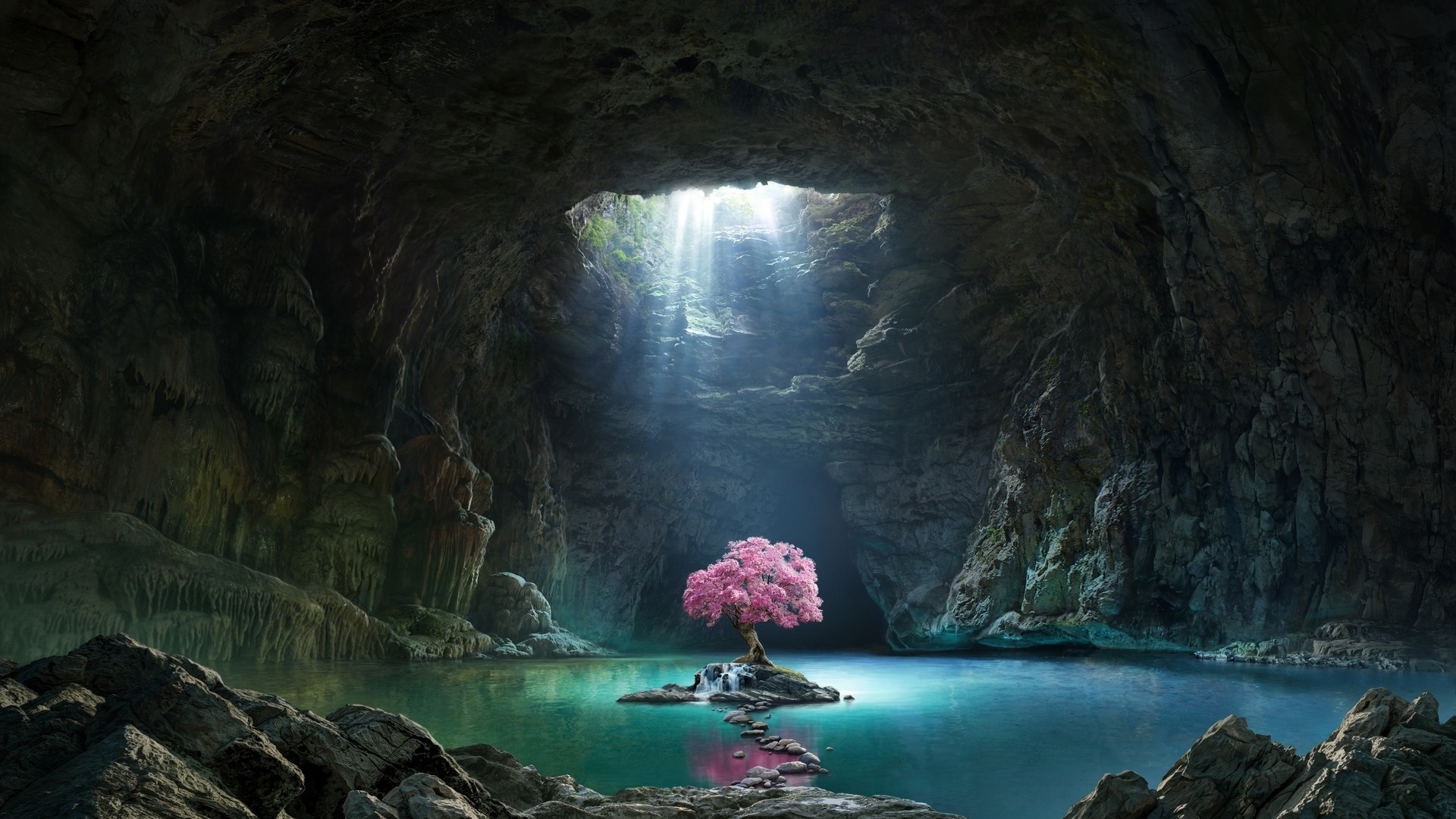 Pink cherry blossom tree, Underground cavern lake, Sunbeam cave skylight, Full HD Desktop wallpaper