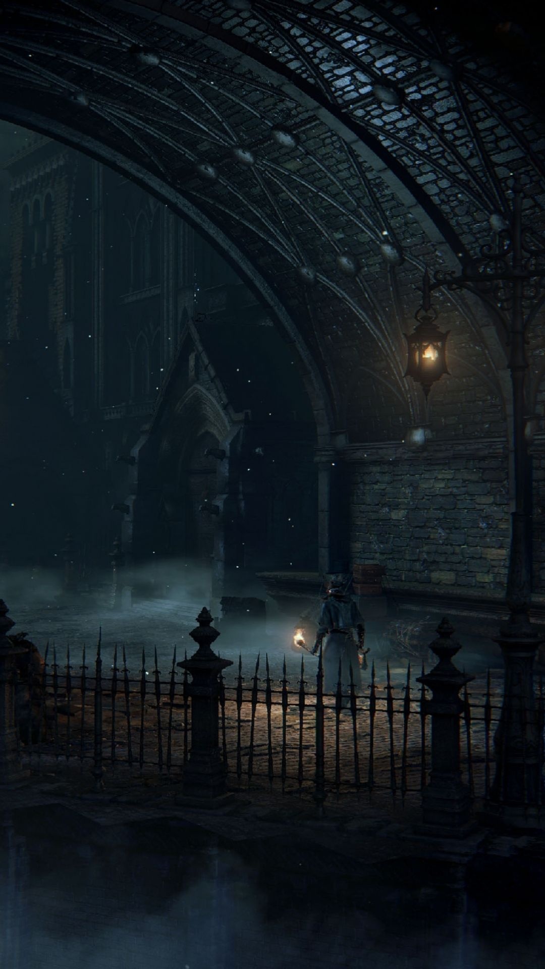 Bloodborne Hunter with torch, Central Yharnam archway, wrought iron fence, Full HD Phone wallpaper