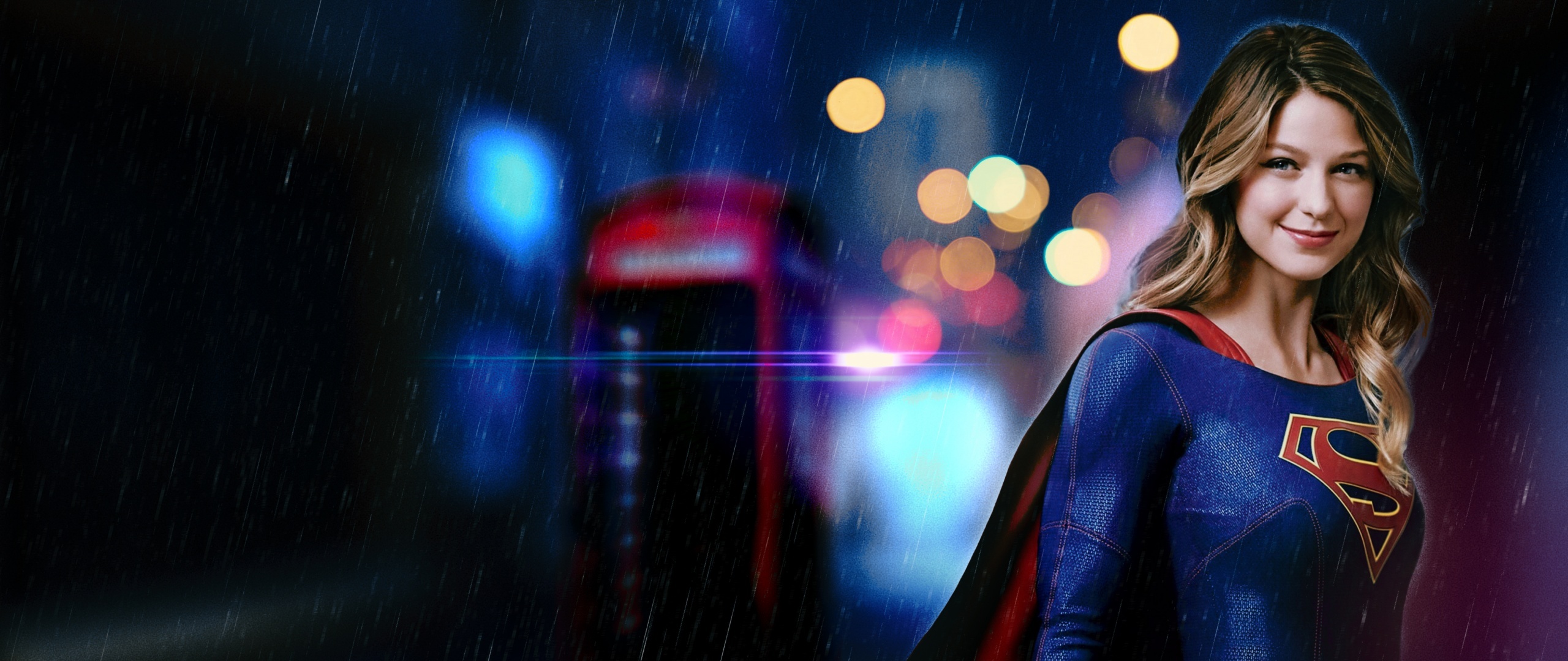 Melissa Benoist as Supergirl, Red telephone box, Rainy night city bokeh, Dual Screen Desktop wallpaper