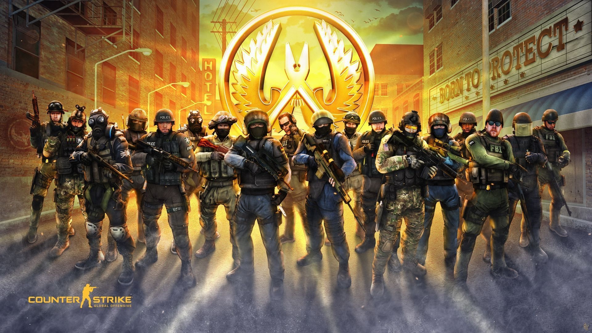 Counter-Terrorist agents lineup, Winged defuse kit emblem, Counter-Strike: Global Offensive logo, BORN TO PROTECT sign, Full HD Desktop wallpaper