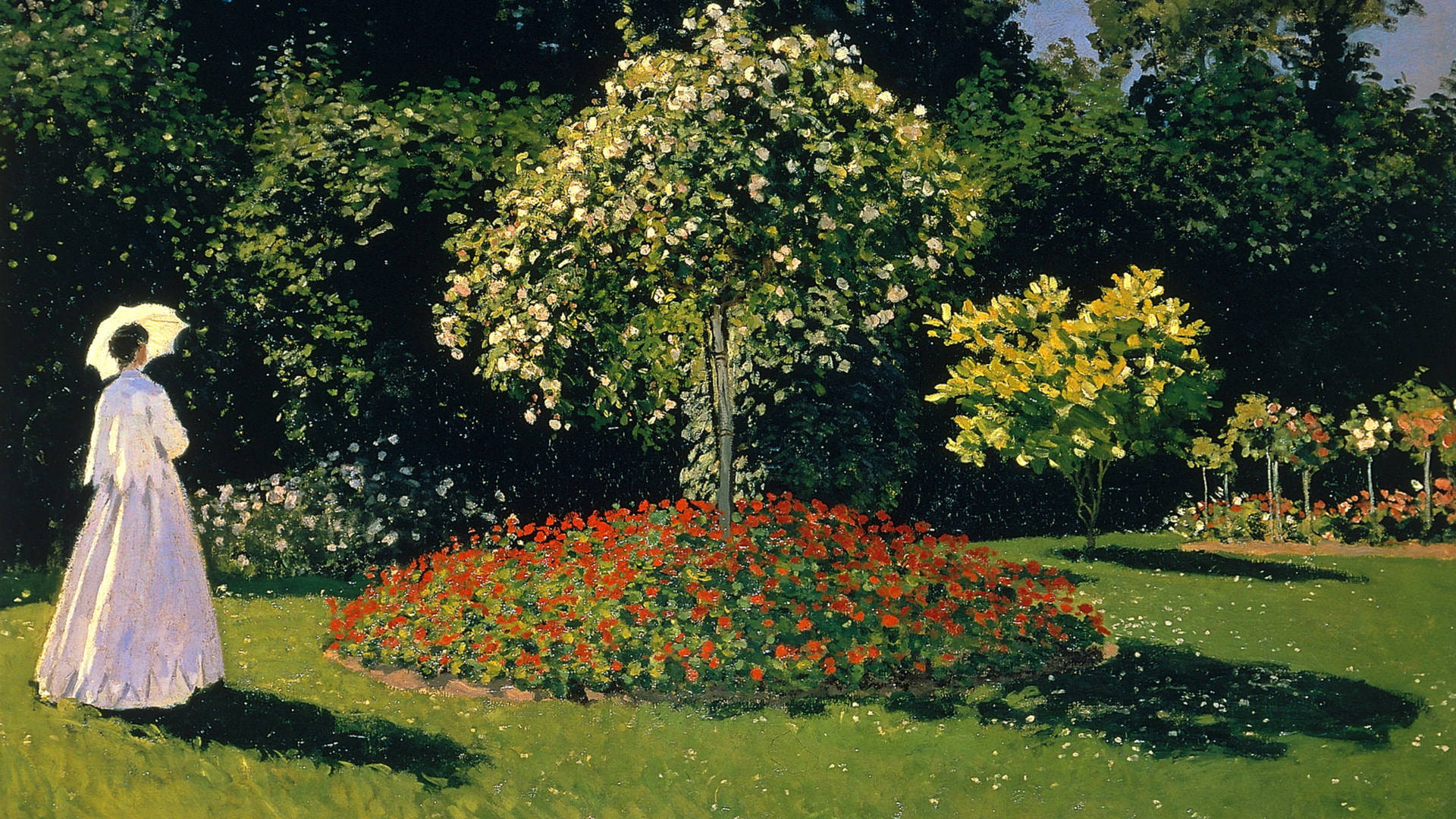 Jeanne-Marguerite Lecadre, Woman in the Garden, circular red flowerbed, Full HD Desktop wallpaper