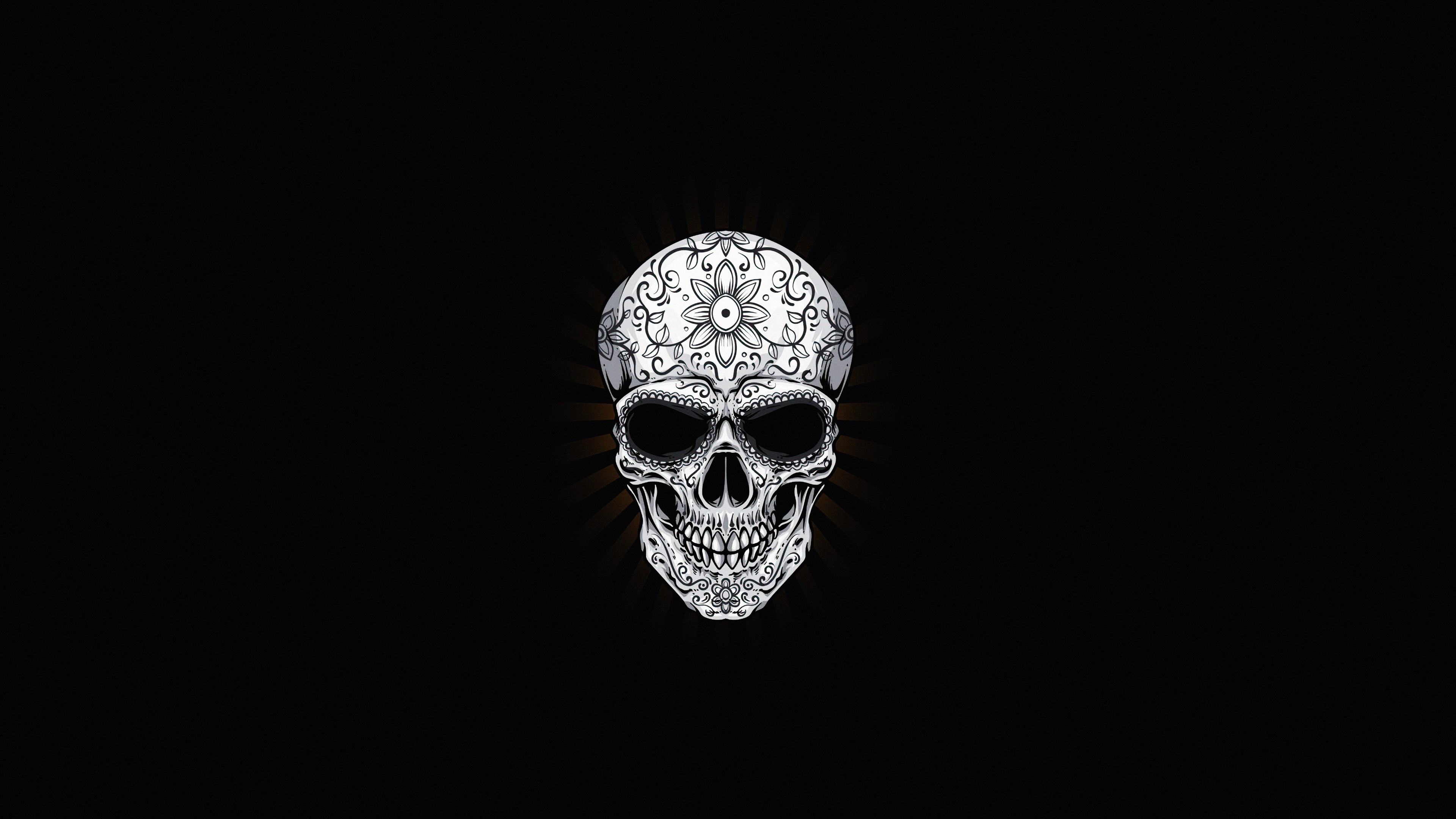 Calavera sugar skull motif, Floral filigree rosette, Radiating dark rays, 4K Desktop wallpaper