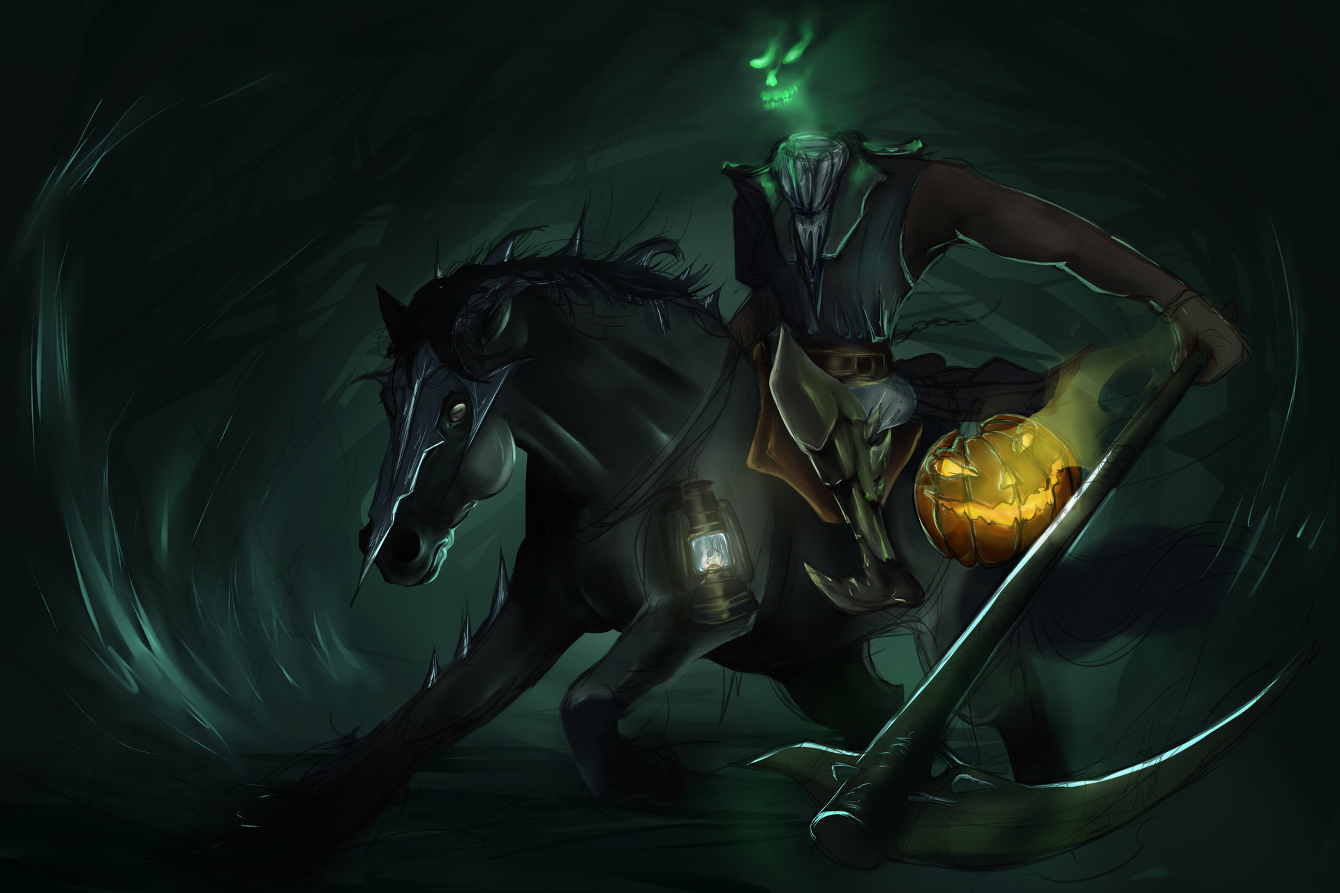 Headless Horseman, Artstation artwork, Digital illustration, Fantasy character, 1920x1280 HD Desktop