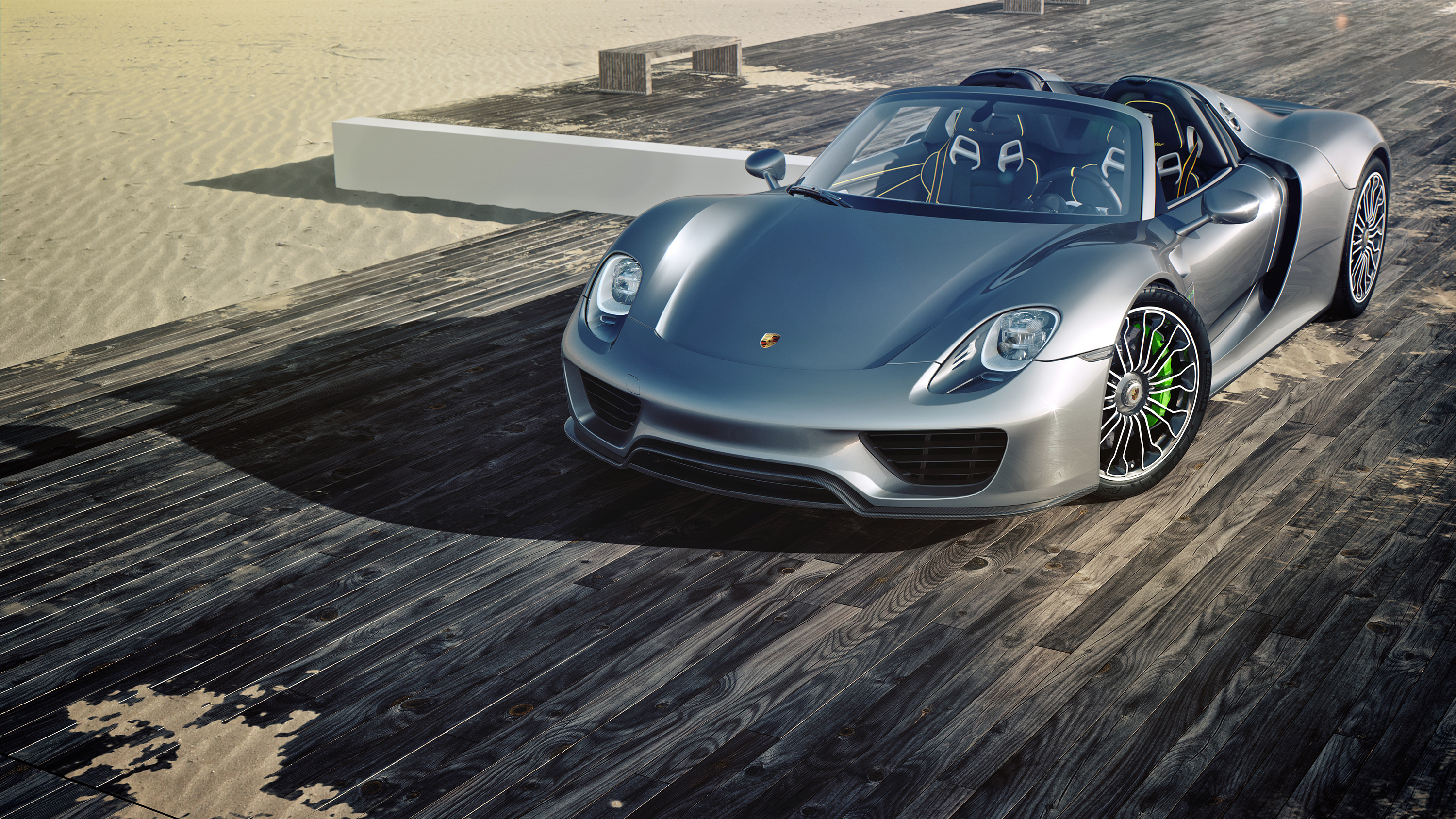 Porsche 918 Spyder, Acid green brake calipers, Weathered wooden boardwalk, HD Desktop wallpaper