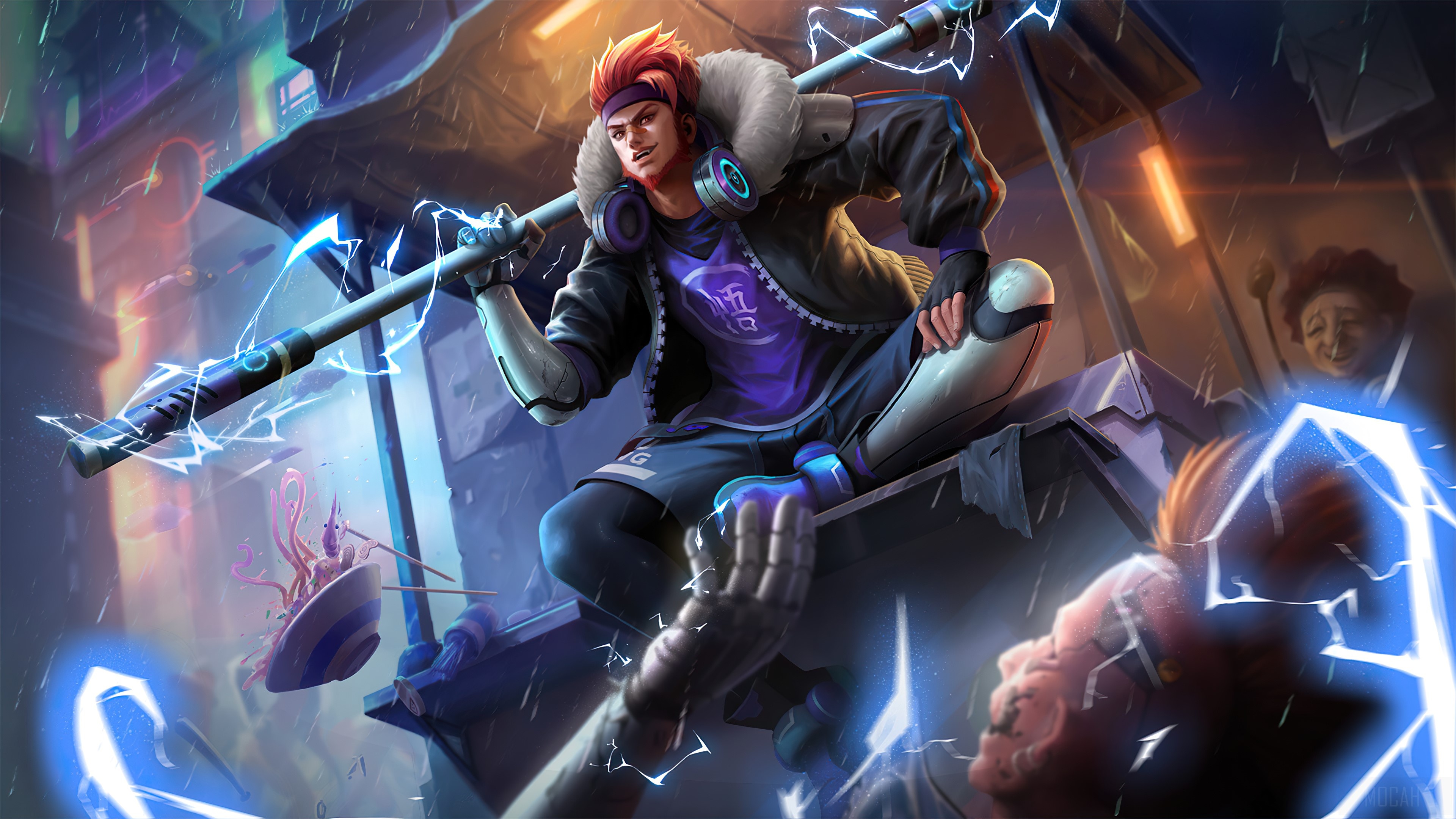 Sun Street Legend skin, electrified bo staff, rainy cyberpunk street stall, 4K Desktop wallpaper