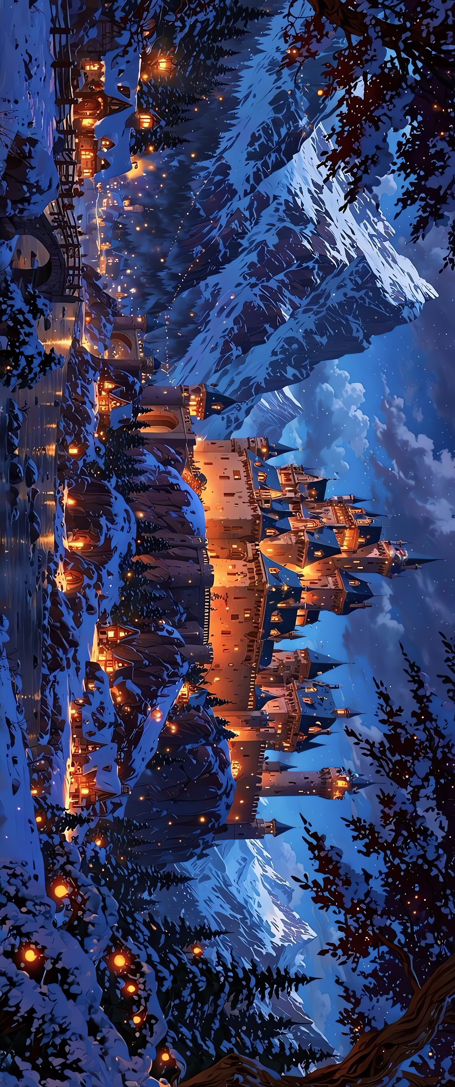 Hogwarts Background, Castle And Village At Night, Mountains Landscape, HD