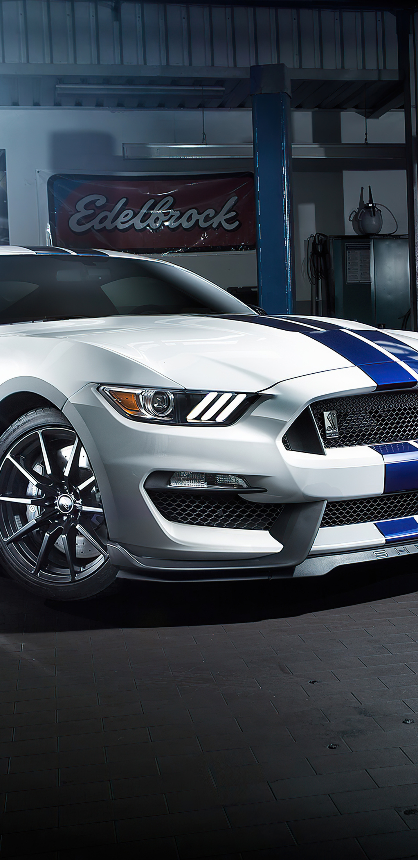 Ford Mustang Shelby GT350, Edelbrock banner, Auto workshop garage, HD Phone wallpaper