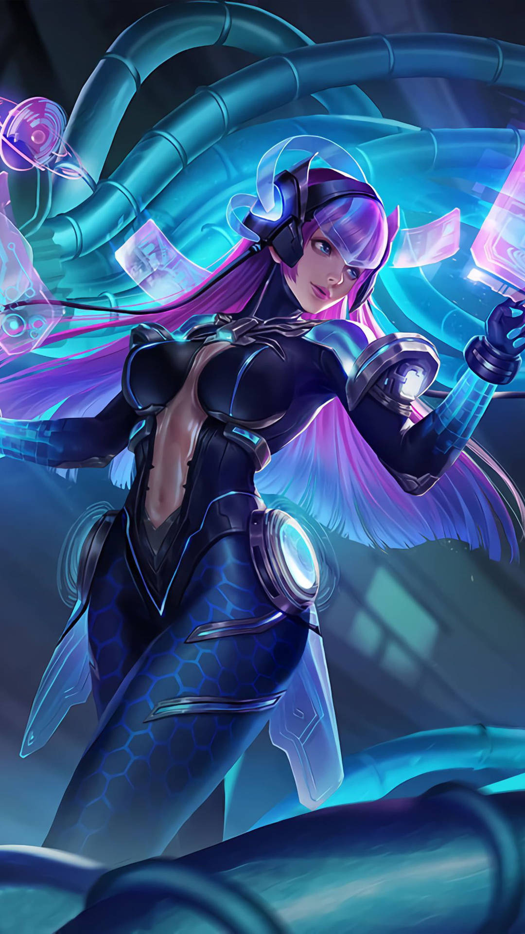 Selena Virus skin, cyberpunk bodysuit, holographic digital interfaces, Full HD Phone wallpaper