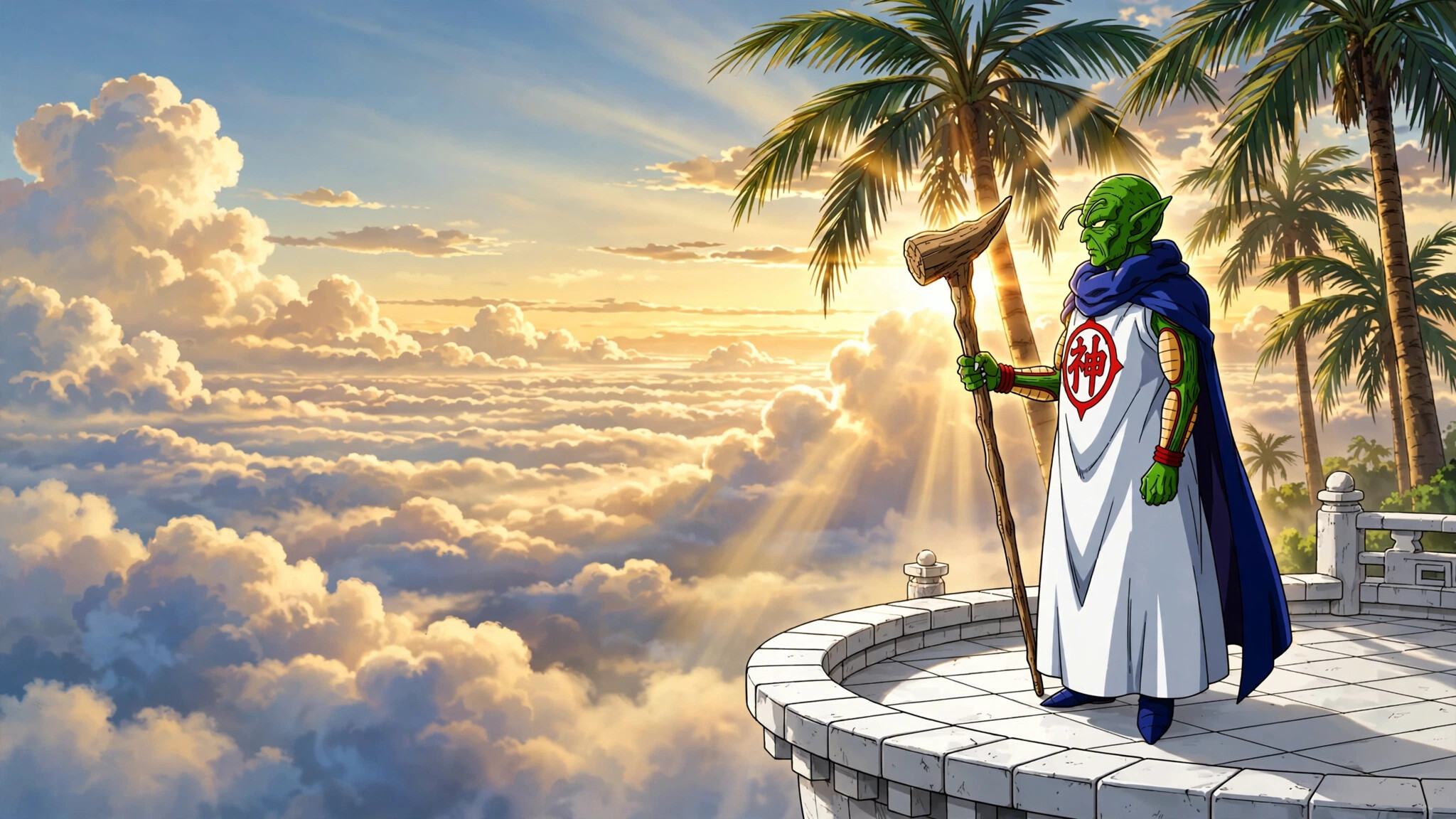 Kami, The Lookout, White robe and staff, Palm trees, Sea of clouds, Dragon Ball, HD Desktop wallpaper