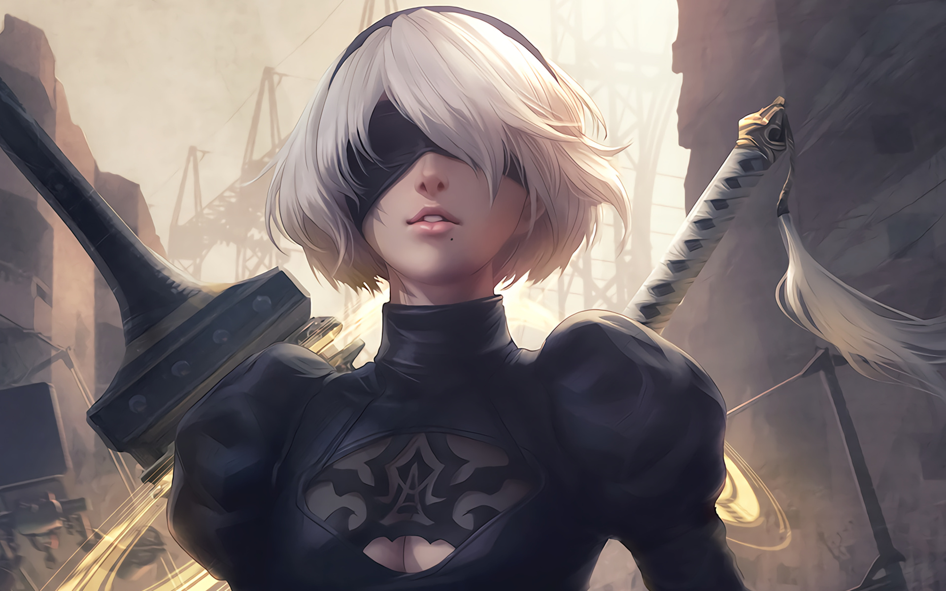 2B from NieR: Automata, Black YoRHa battle dress, Virtuous Contract katana, HD Desktop wallpaper