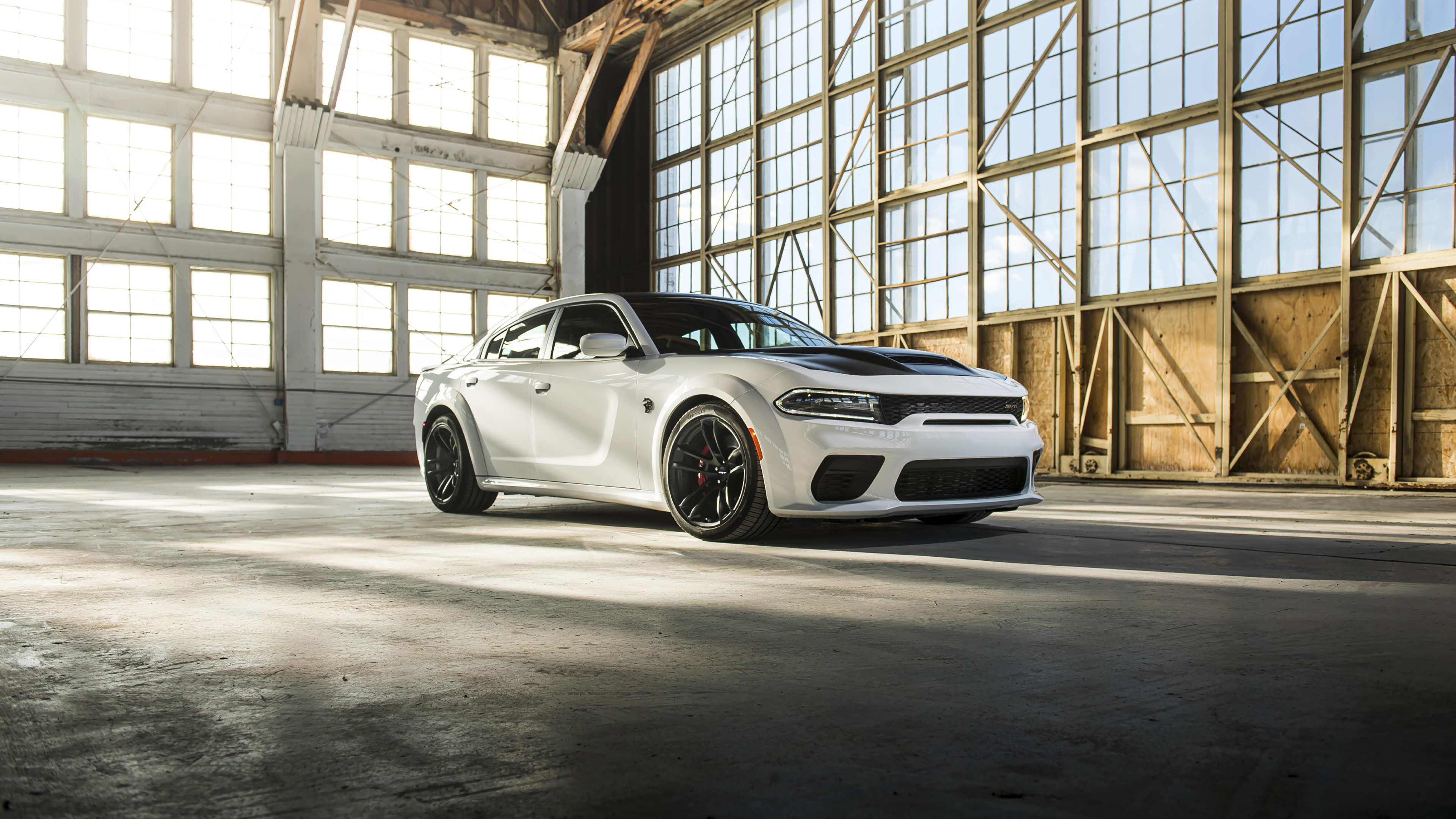 Dodge Charger SRT Hellcat Widebody, sunlit airplane hangar, grid window walls, 4K Desktop wallpaper