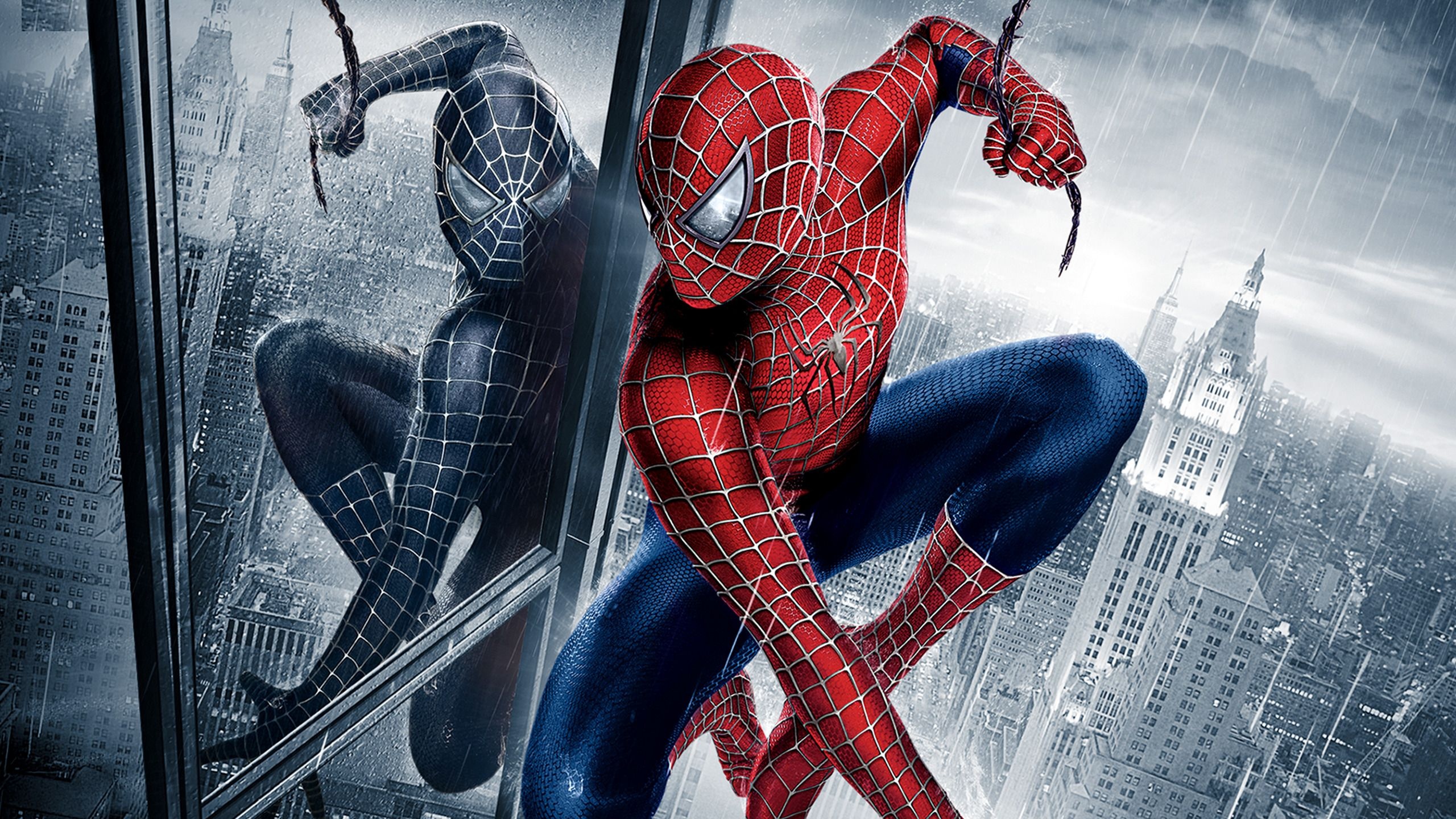 Spider-Man, Black Suit Spider-Man, Rainy New York City skyline, HD Desktop wallpaper